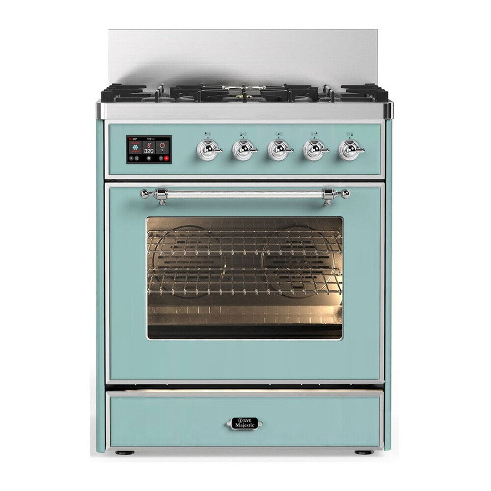 ILVE Majestic III 30-inch Dual Fuel Range with 5 Natural Gas Burner and Triple Glass Door Electric Oven in Mediterranean Mint with Chrome Trim (UM30NR3MMC)