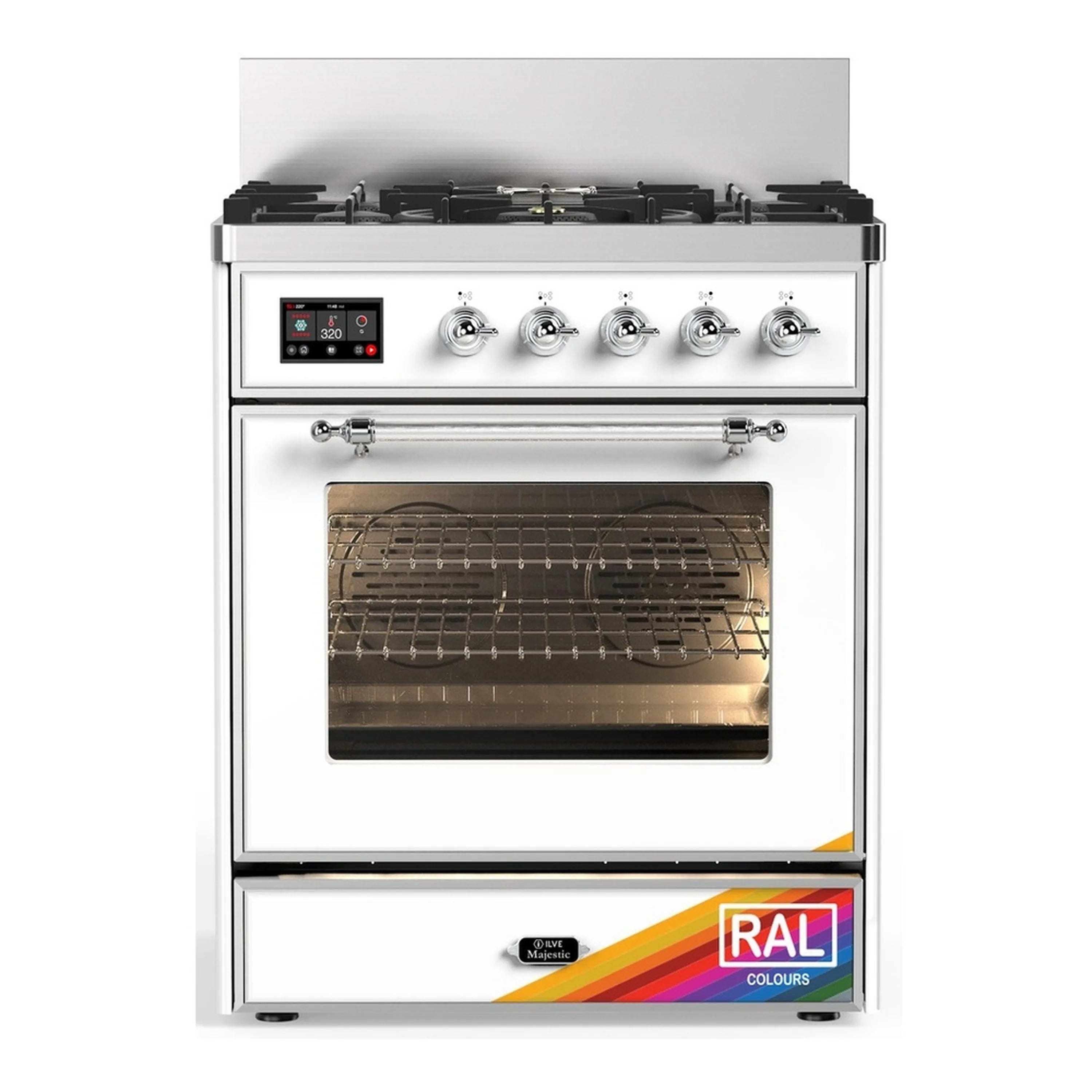 White dual fuel range with black control panel, chrome knobs, and oven glass door