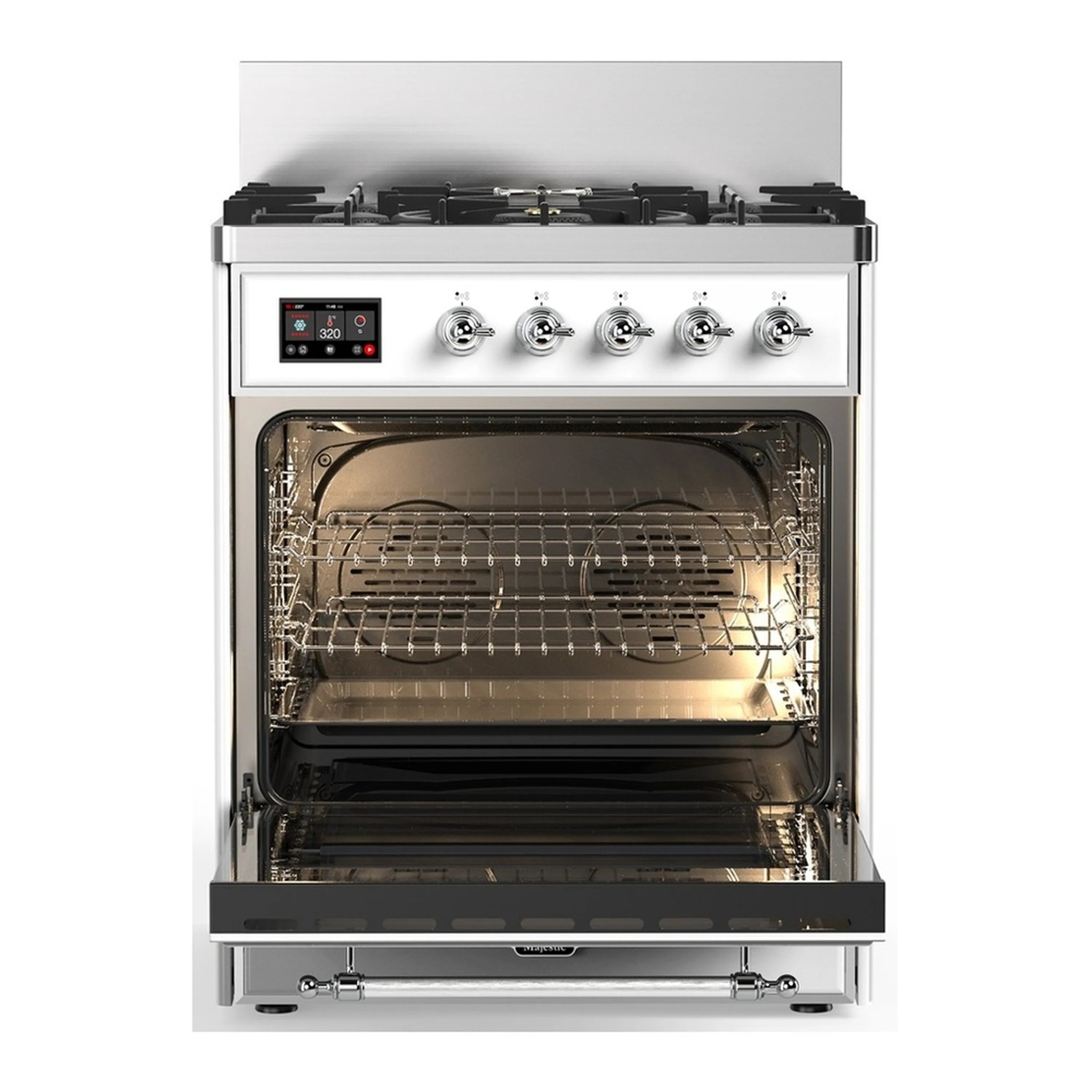 White dual fuel range with open oven door, wire racks, and chrome handle