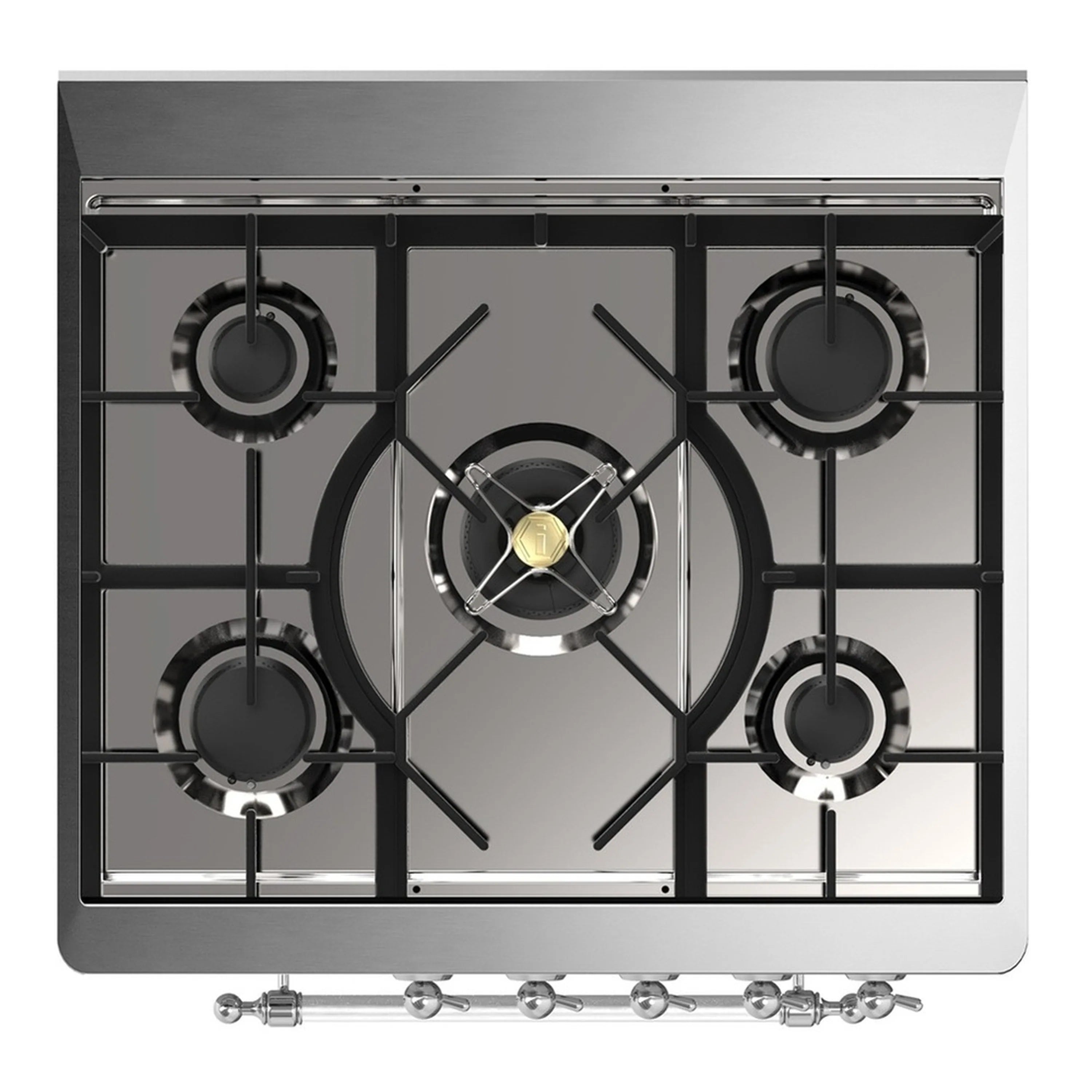 Dual fuel gas range top with four burners, black grates, and chrome trim