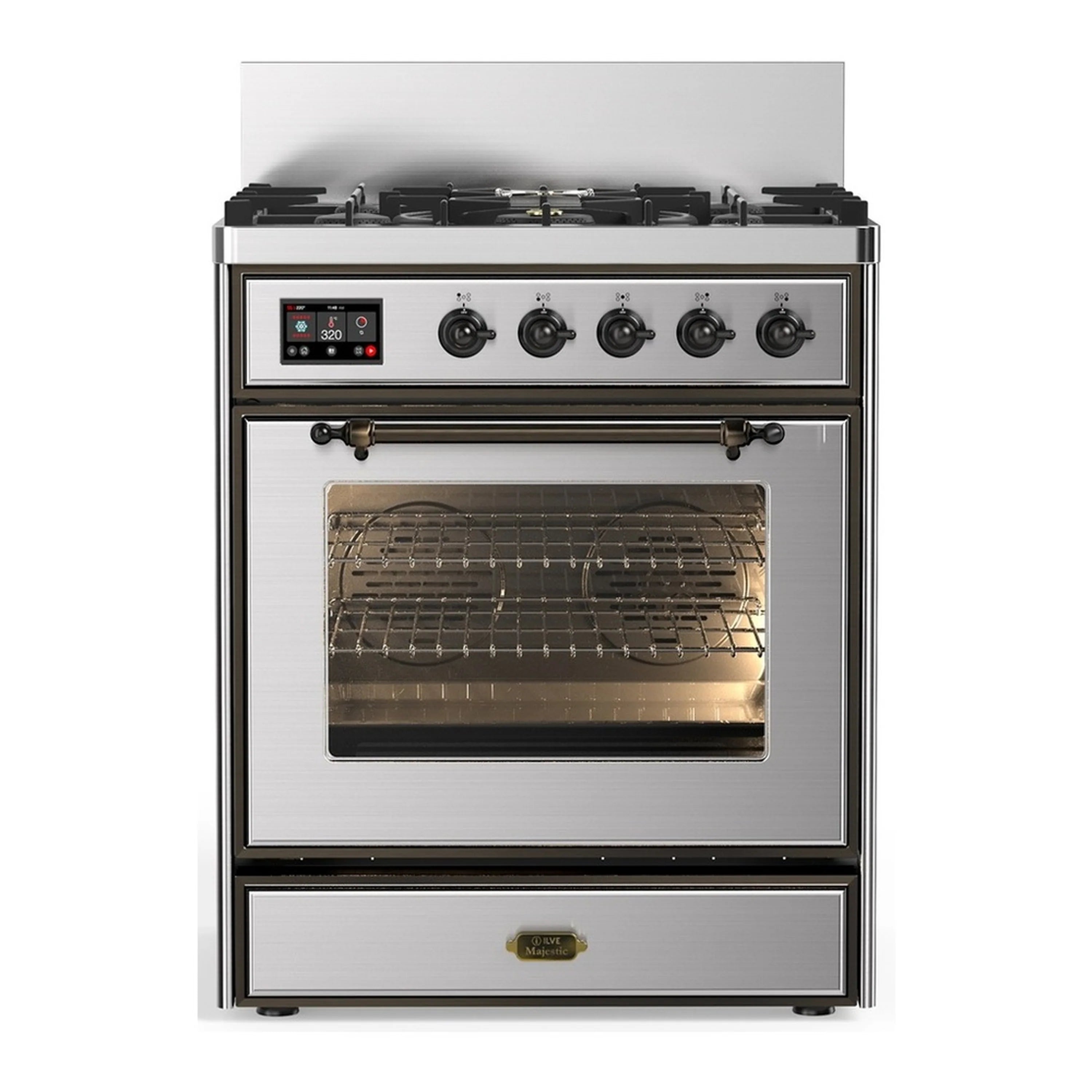 Stainless steel ILVE dual fuel range with windowed oven door and control panel