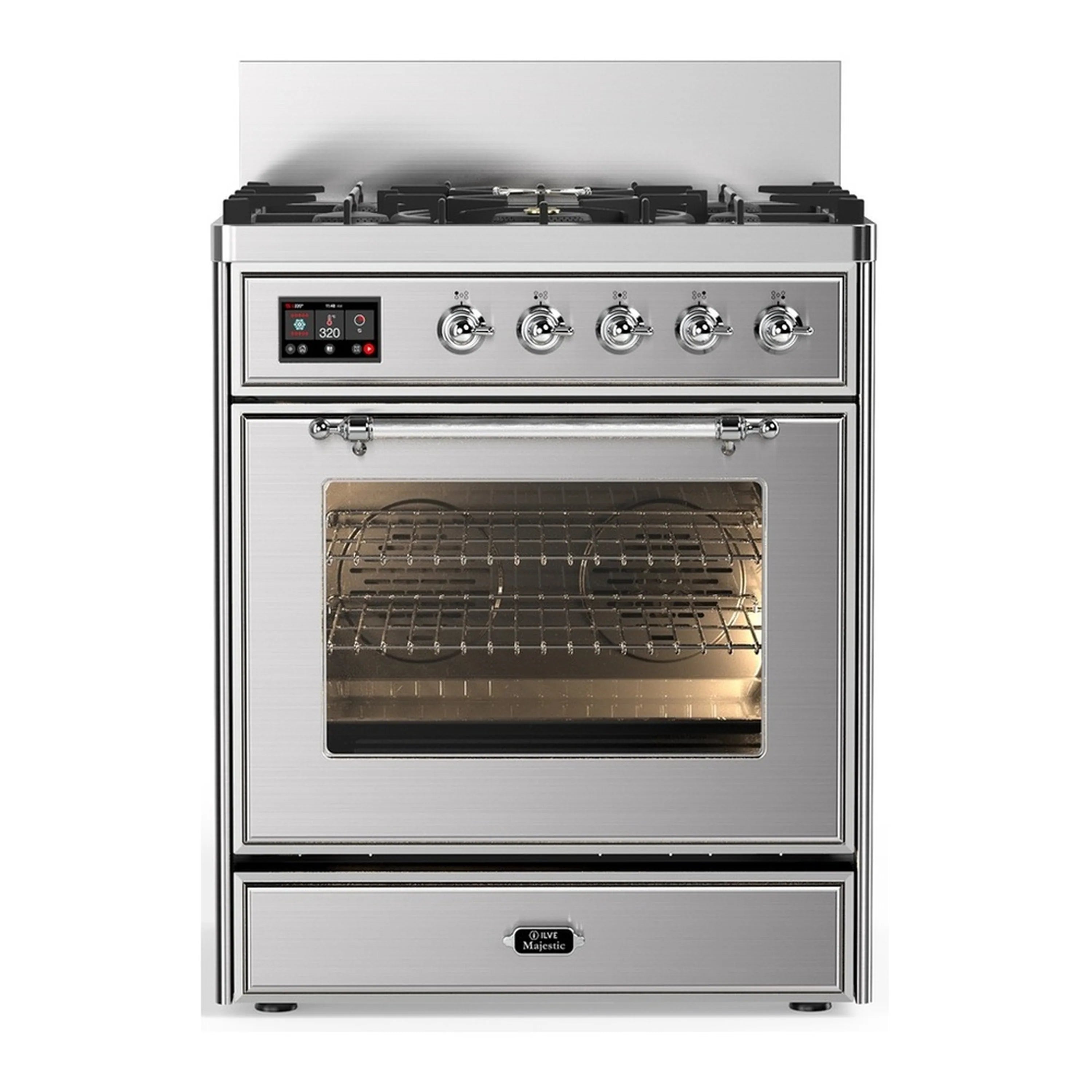 Stainless steel dual fuel range with open electric oven door and black burner grates