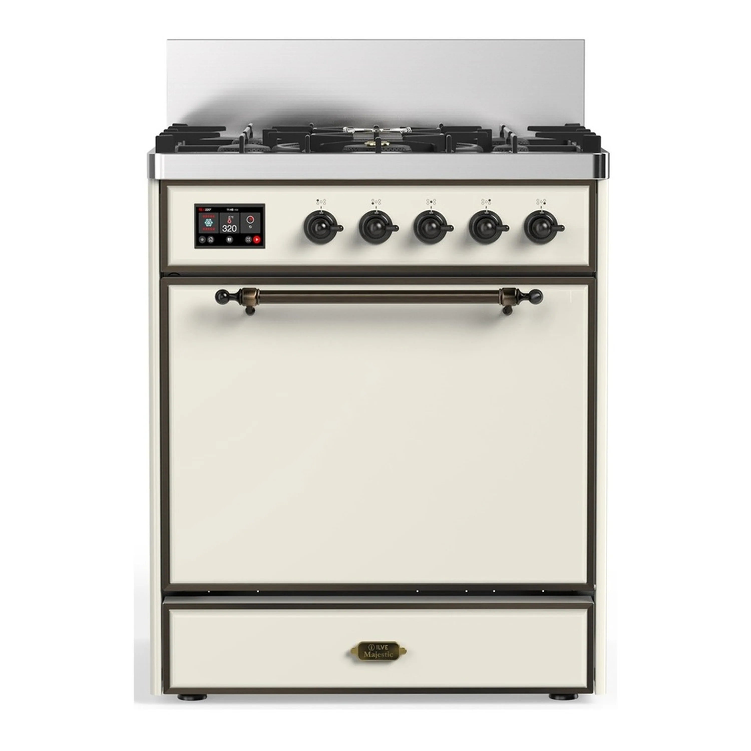 Antique white dual fuel range showing cooktop knobs and oven door