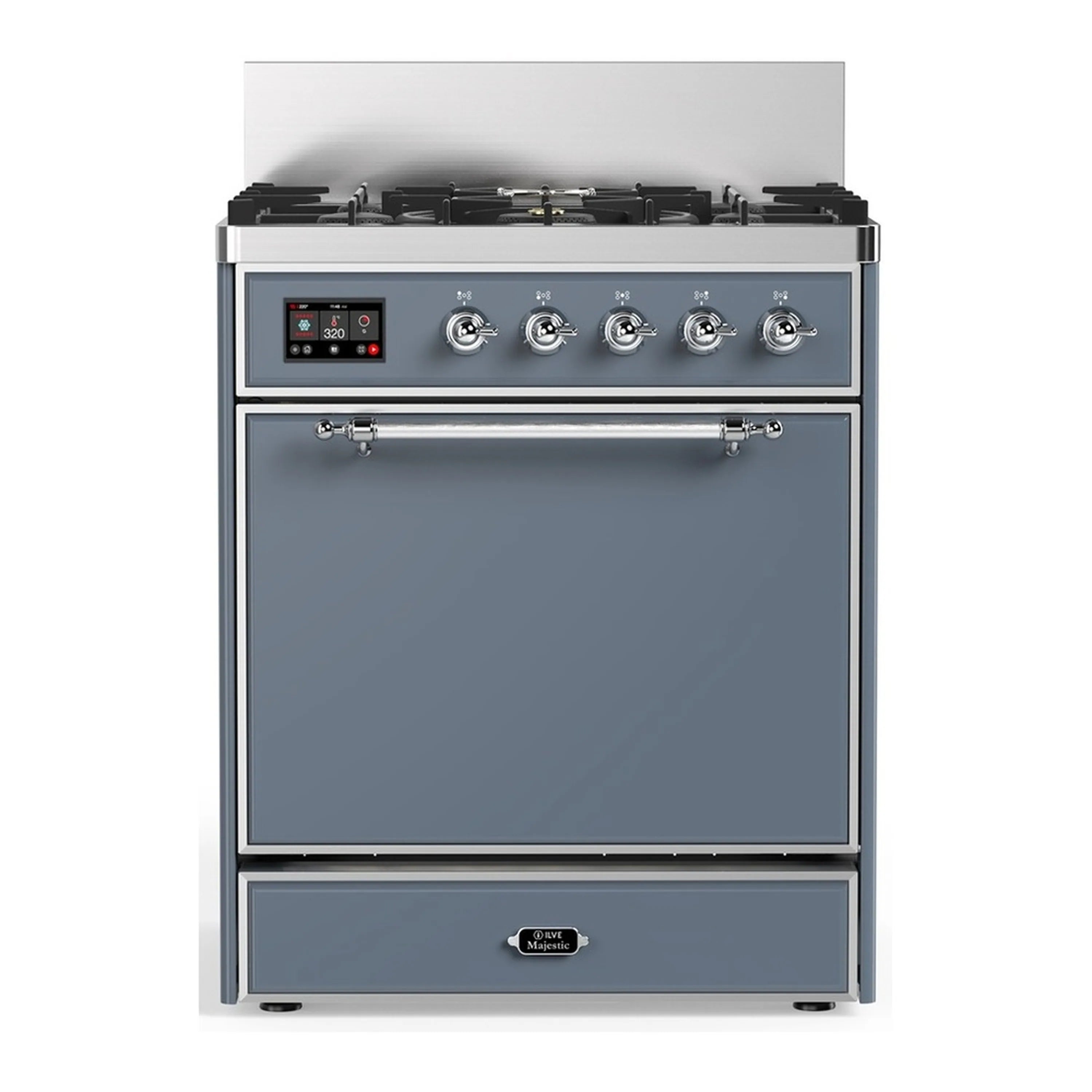 Blue-grey dual fuel range with chrome trim, control knobs and solid oven door