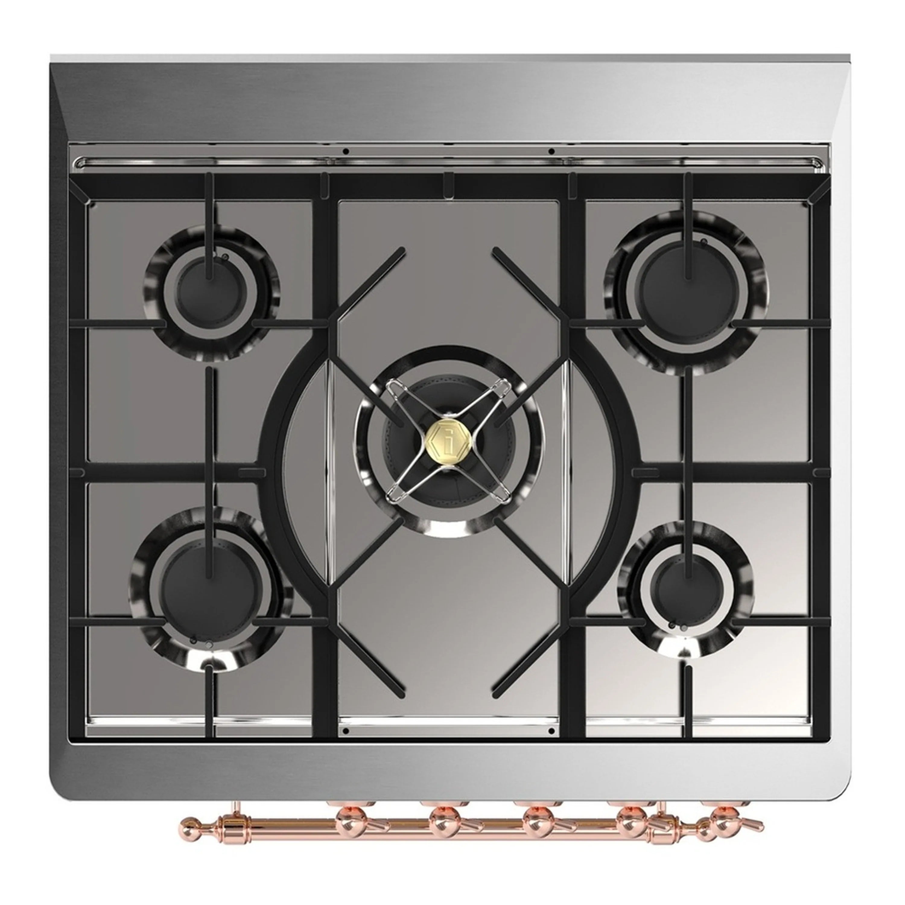 ILVE dual fuel range cooktop with four black burner caps and copper gas control rail