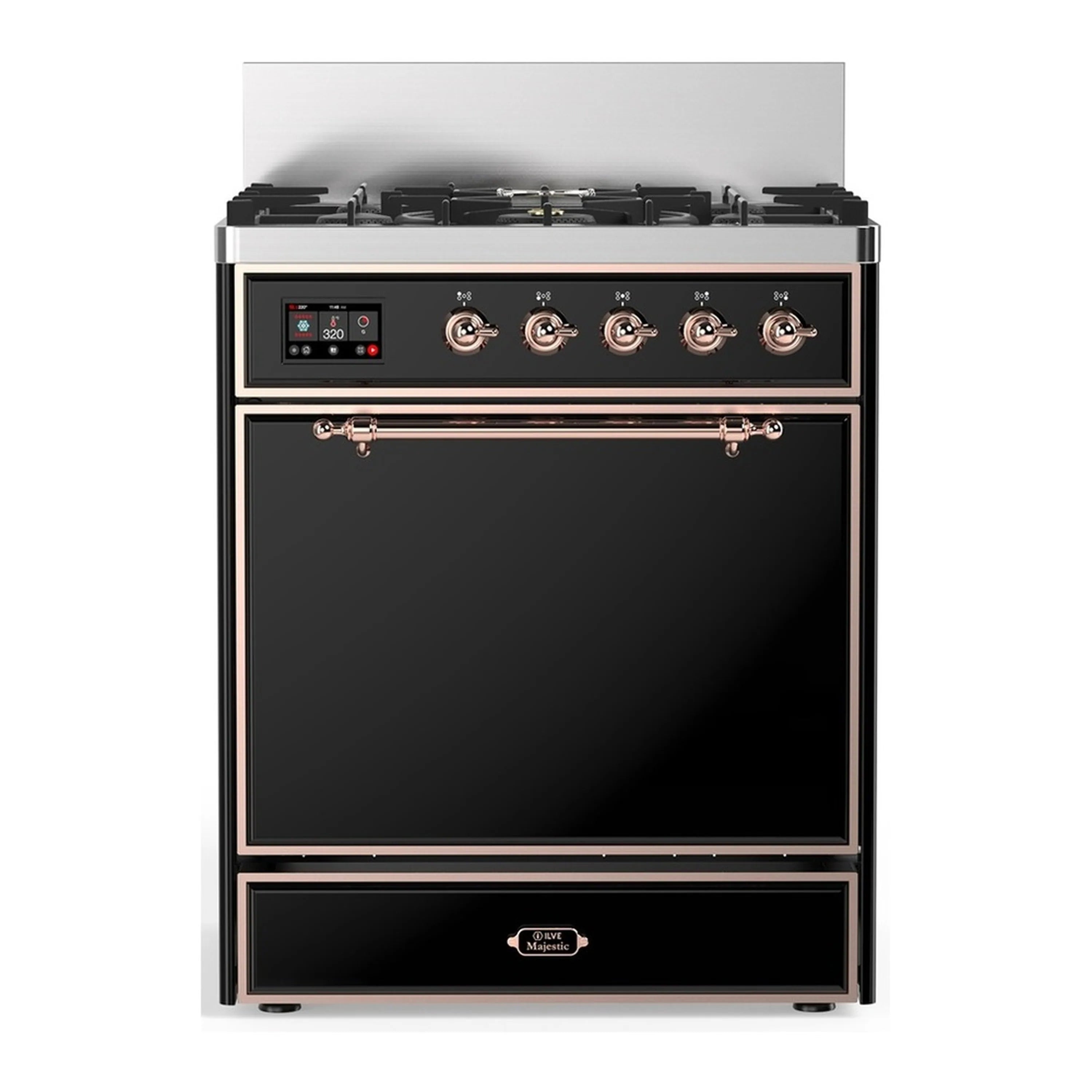 Glossy black dual-fuel range with copper oven handle, control panel, and 5 burners