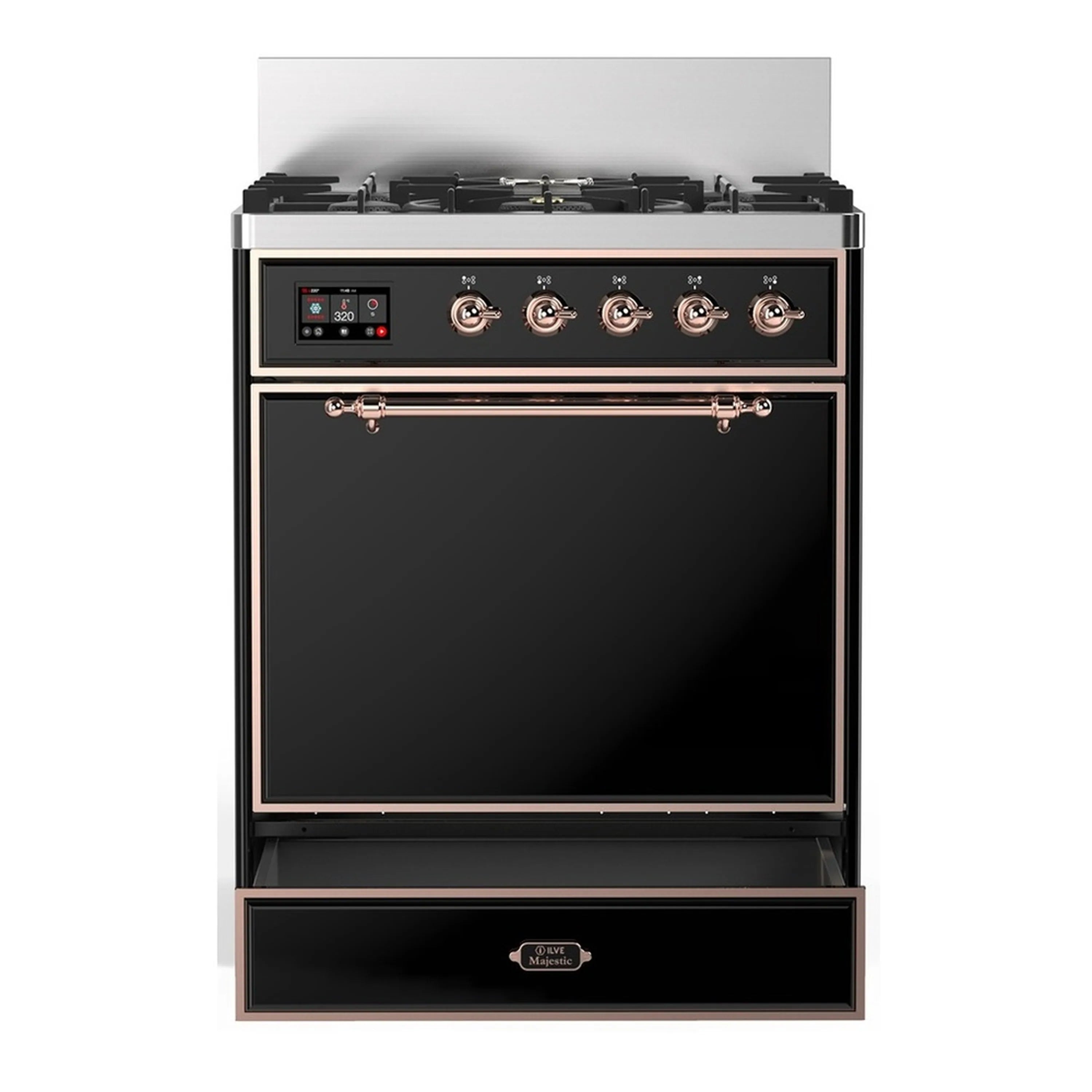 Dual-fuel range in glossy black with copper-trim knobs and 5 gas burners