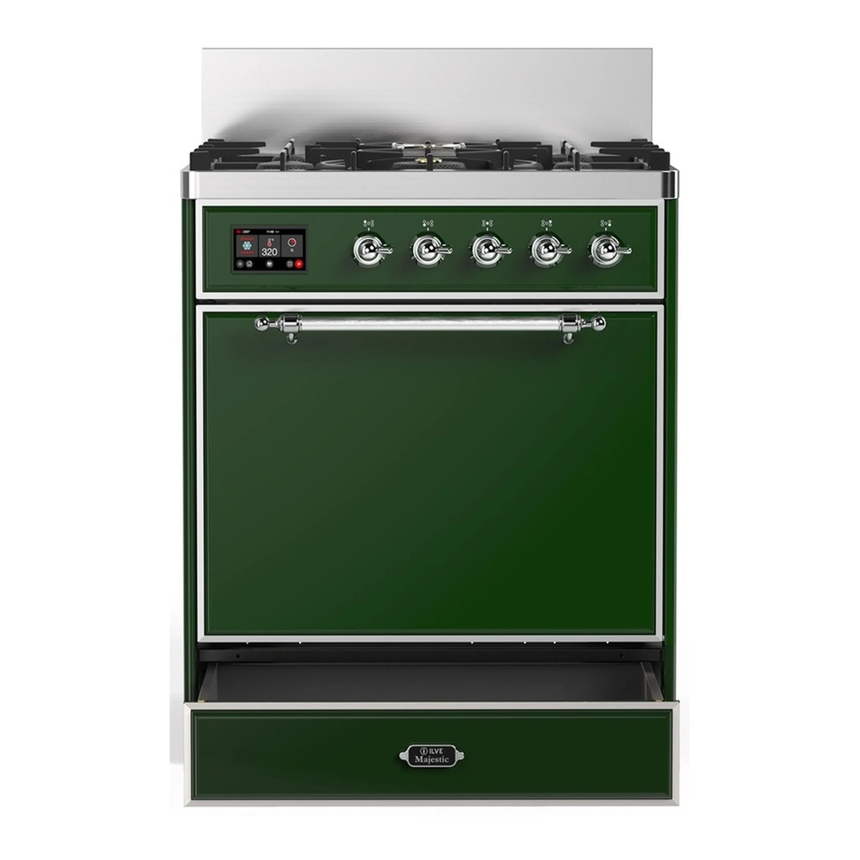 Emerald green dual fuel range with chrome trim, oven door, and storage drawer
