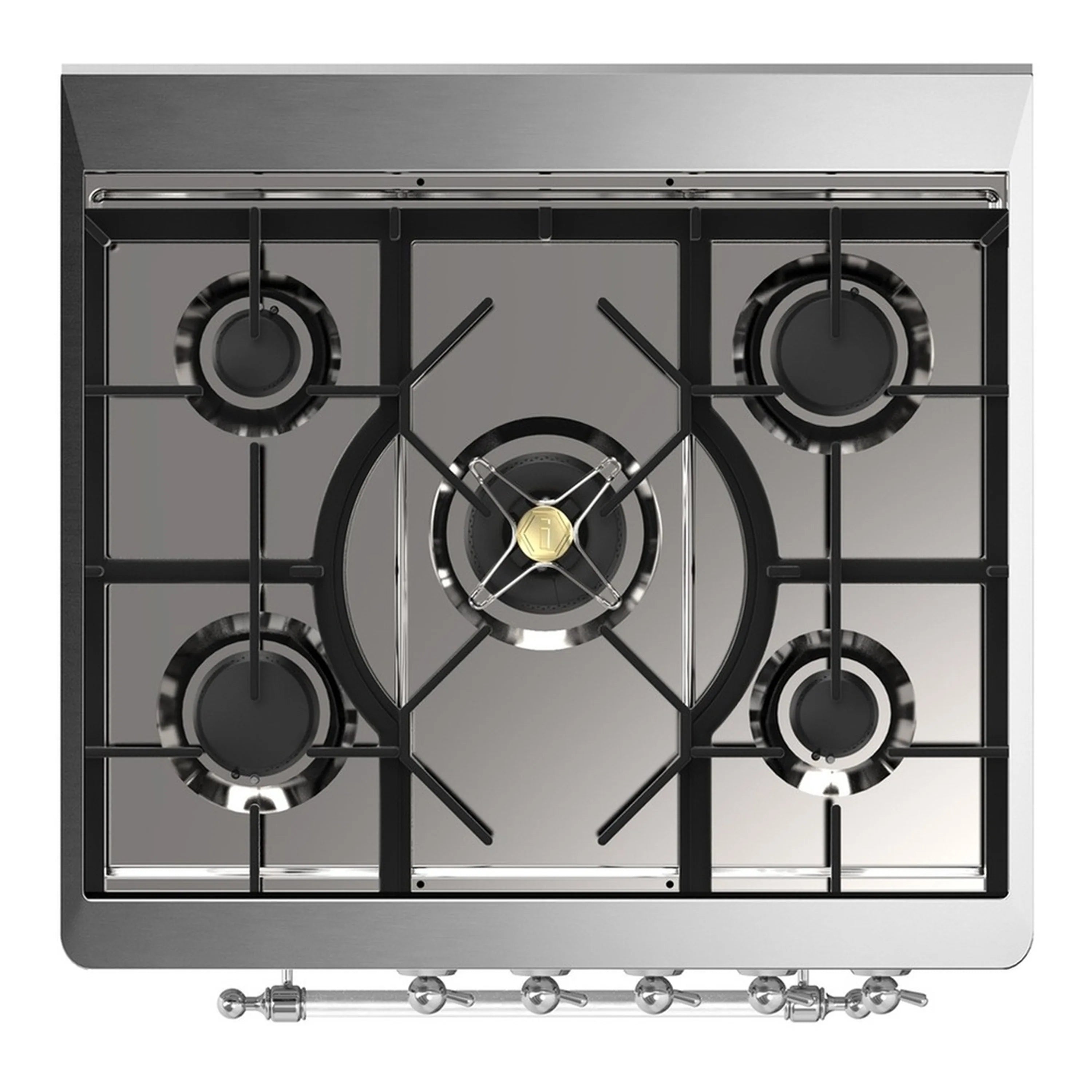 Emerald green dual fuel cooktop with multiple gas burners and chrome burner grates