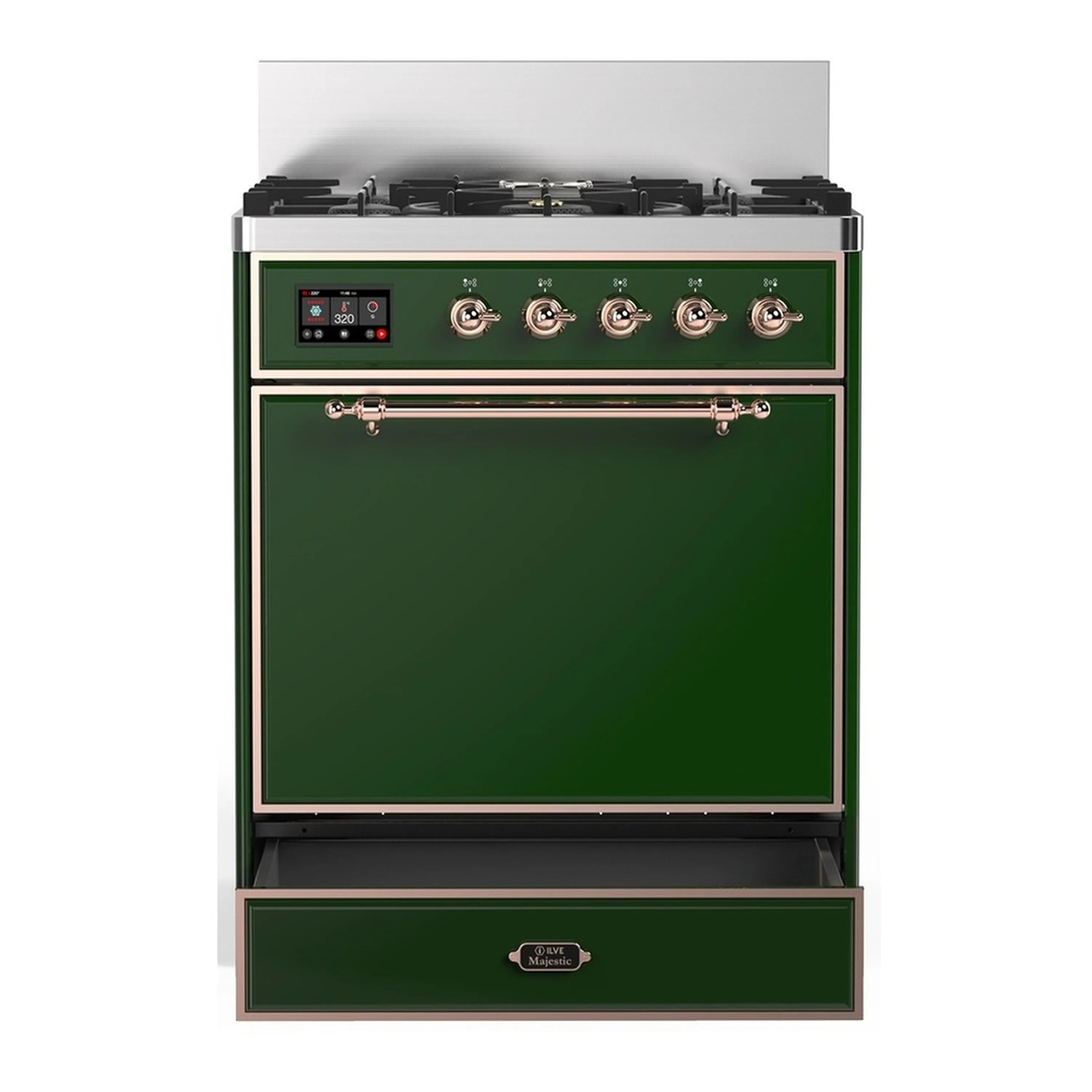 ILVE emerald green dual fuel range with copper trim, solid oven door and storage drawer