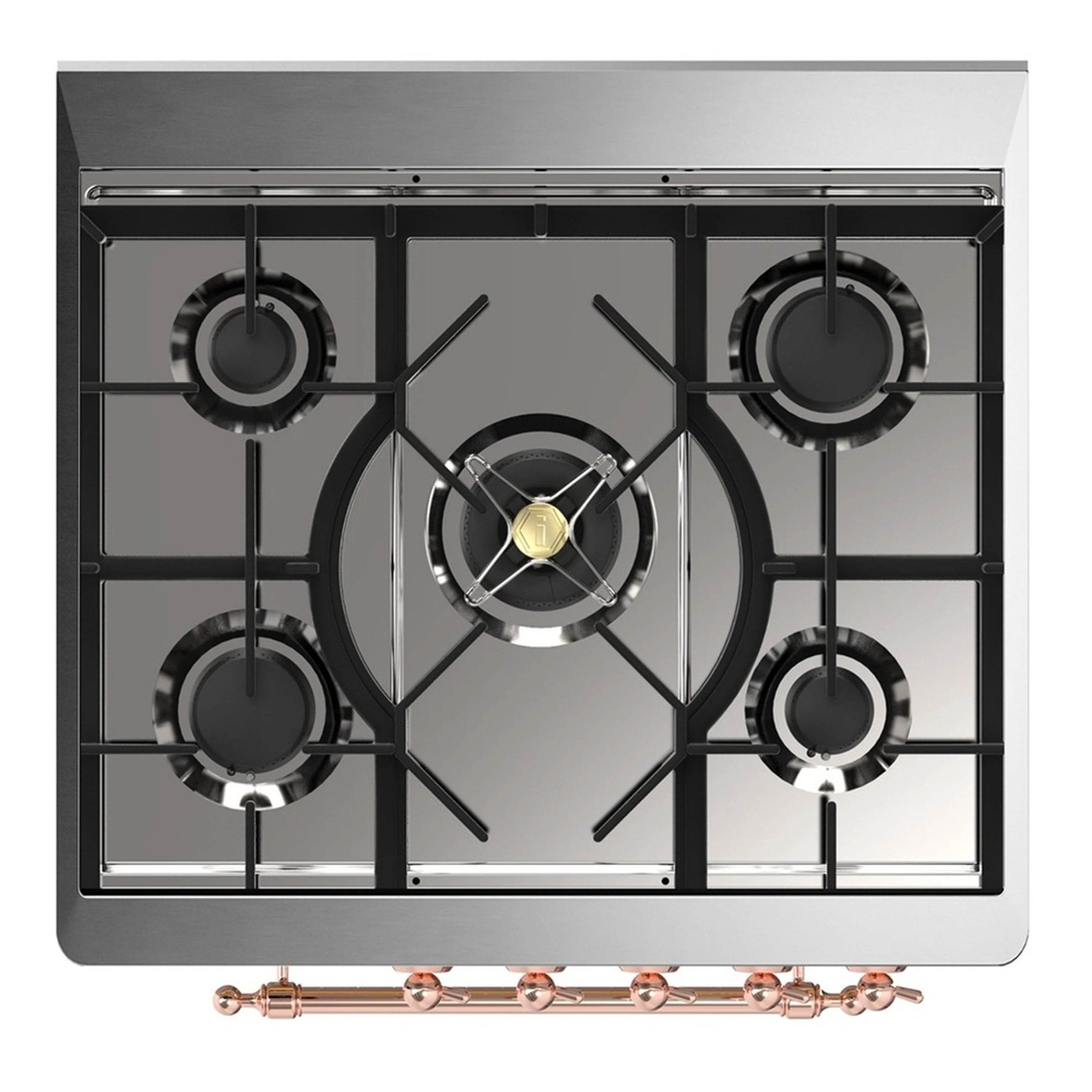 ILVE emerald green dual fuel cooktop with five gas burners and copper-trim control trim