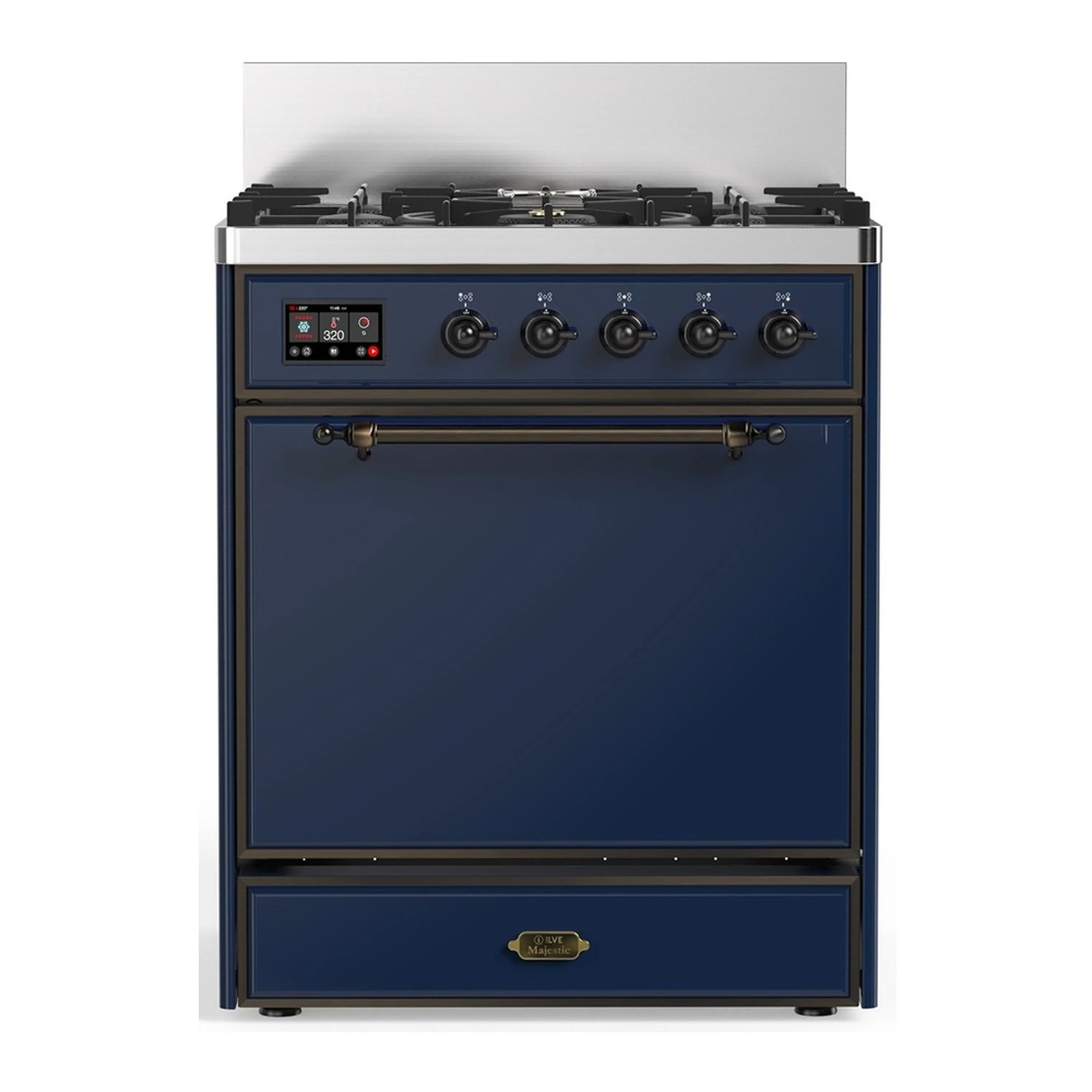 Midnight blue dual fuel range front view with control panel, oven door, and lower drawer