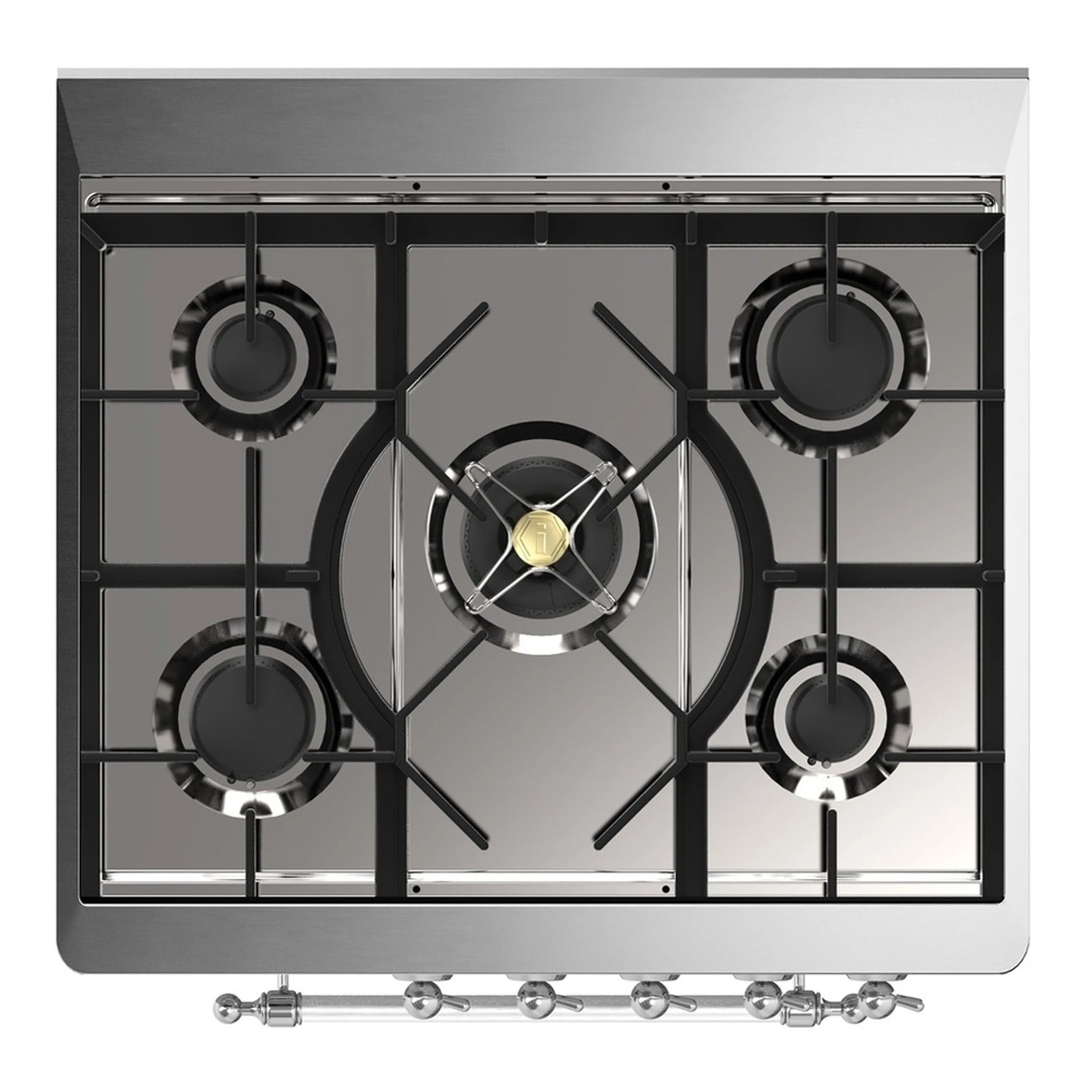 Midnight blue cooktop with five burners, black grates, and chrome burner rings