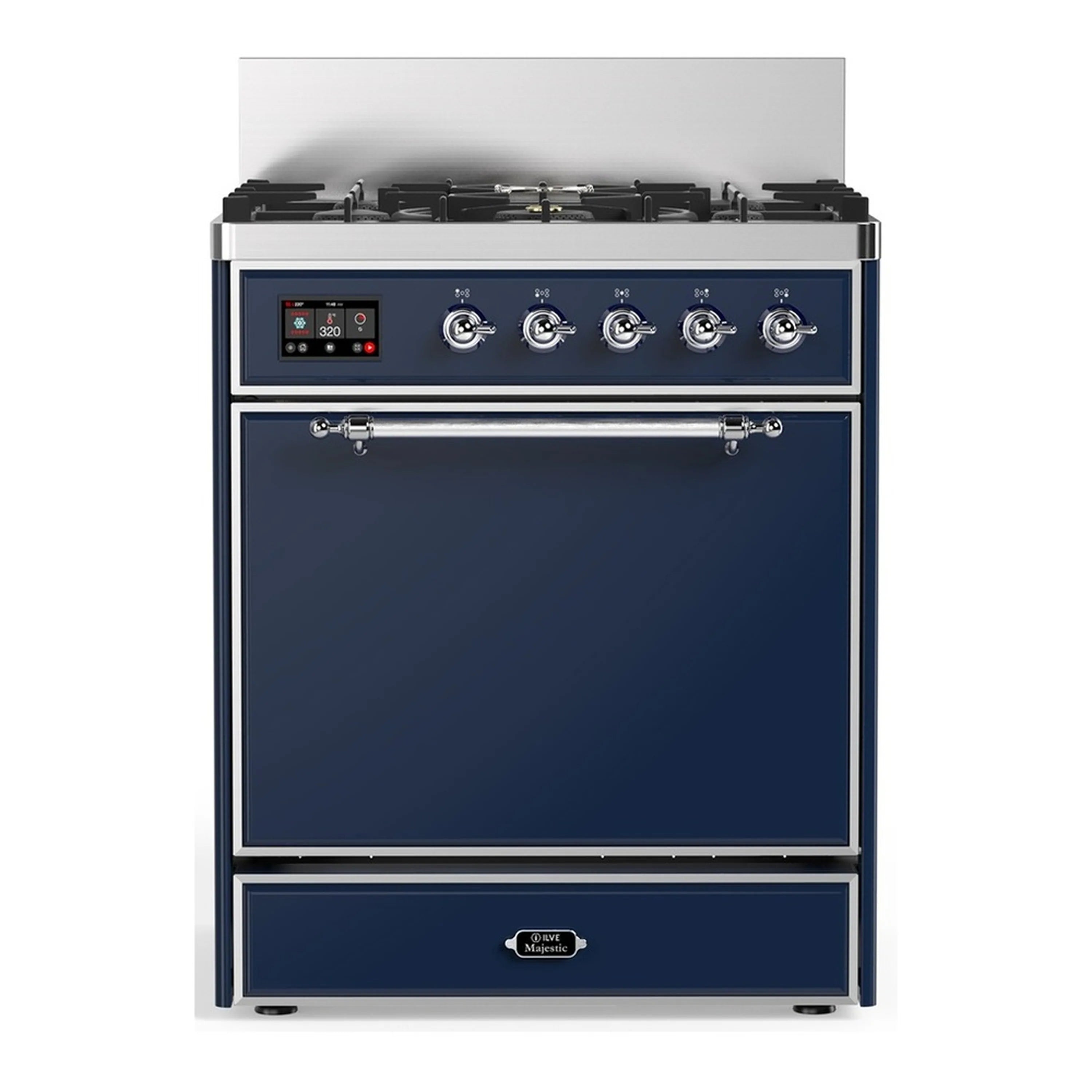 Midnight blue dual fuel range with black cooktop grates, chrome trim, and oven drawer