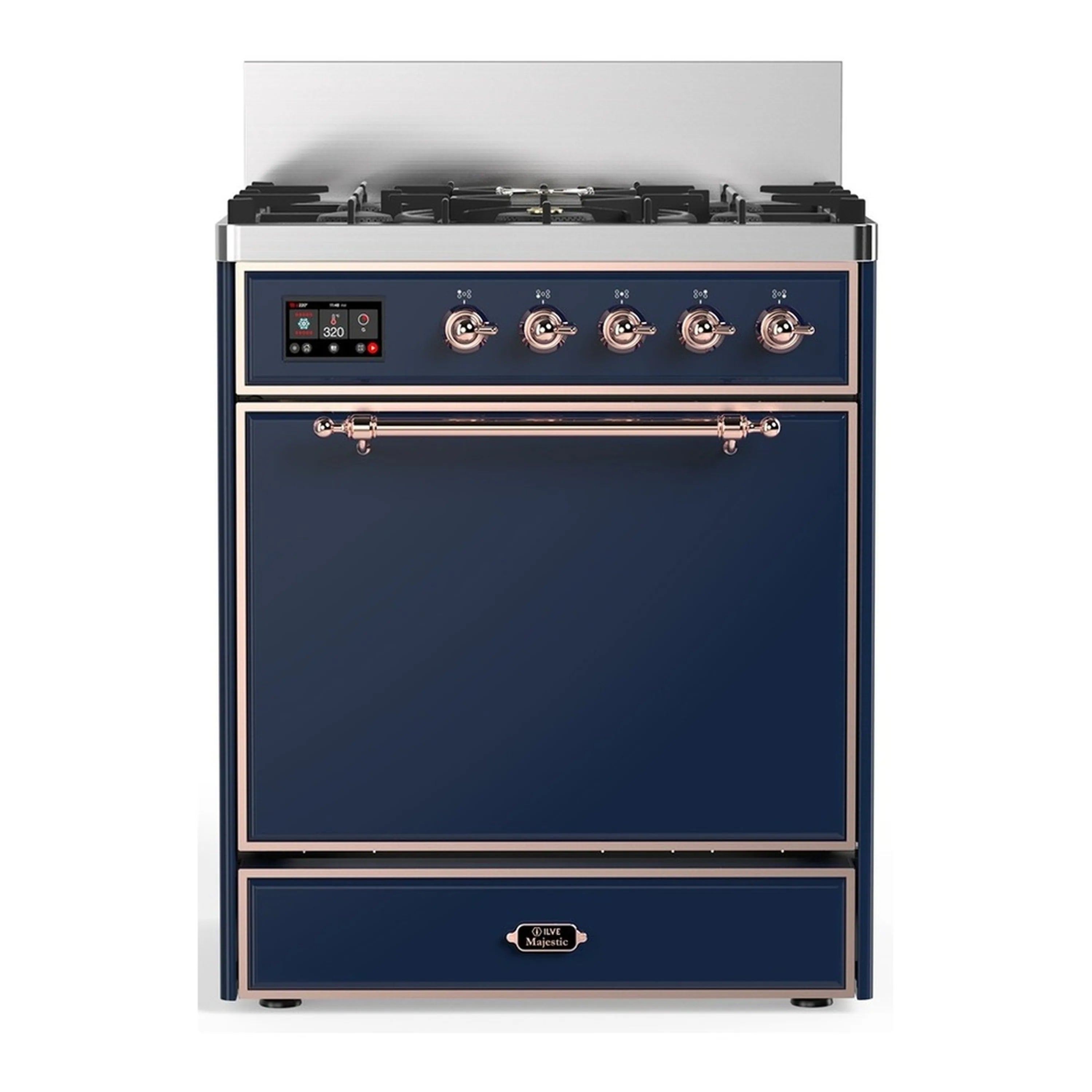 Midnight blue dual-fuel range with five burners, copper control knobs and trim