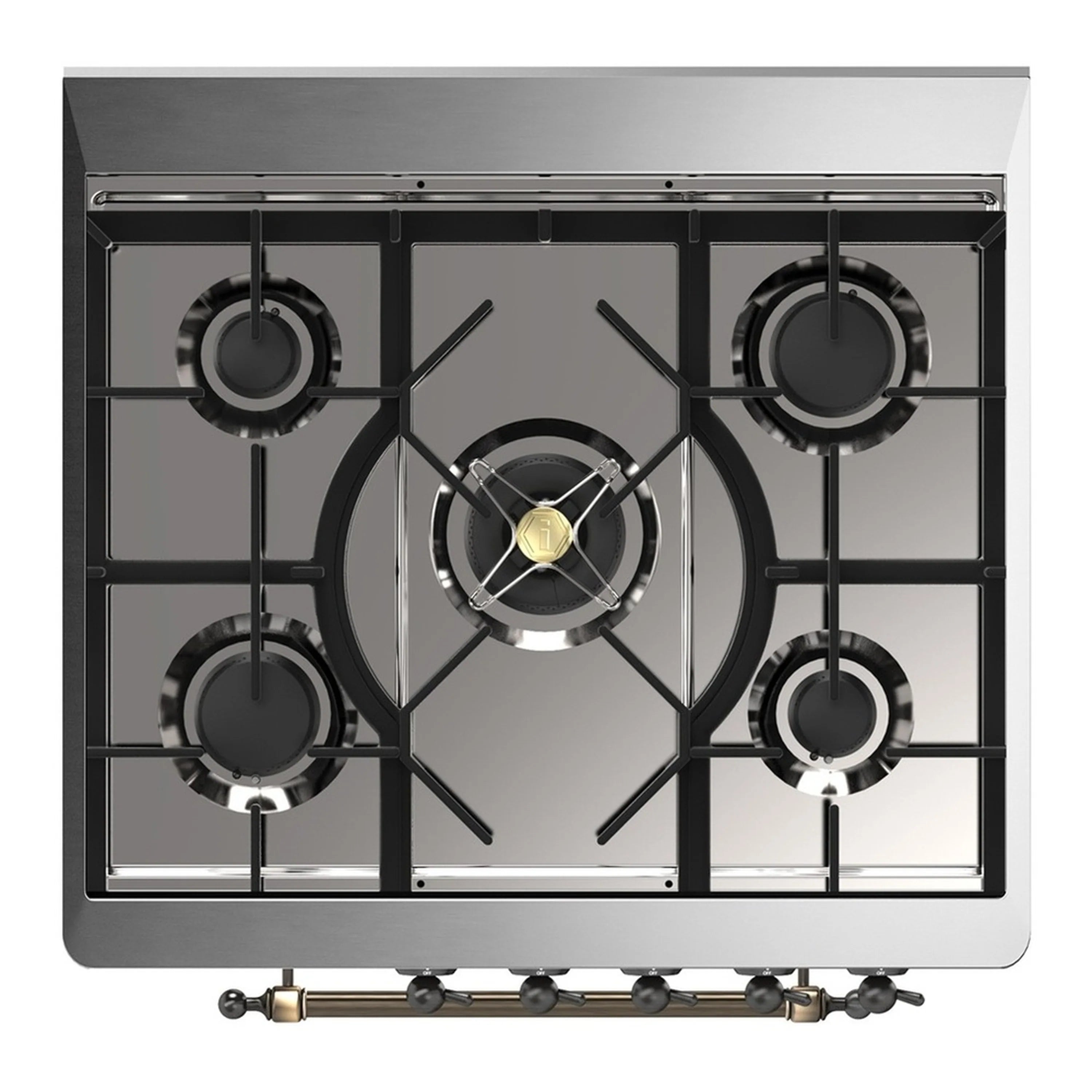 Gas cooktop with five burners and black cast-iron grates
