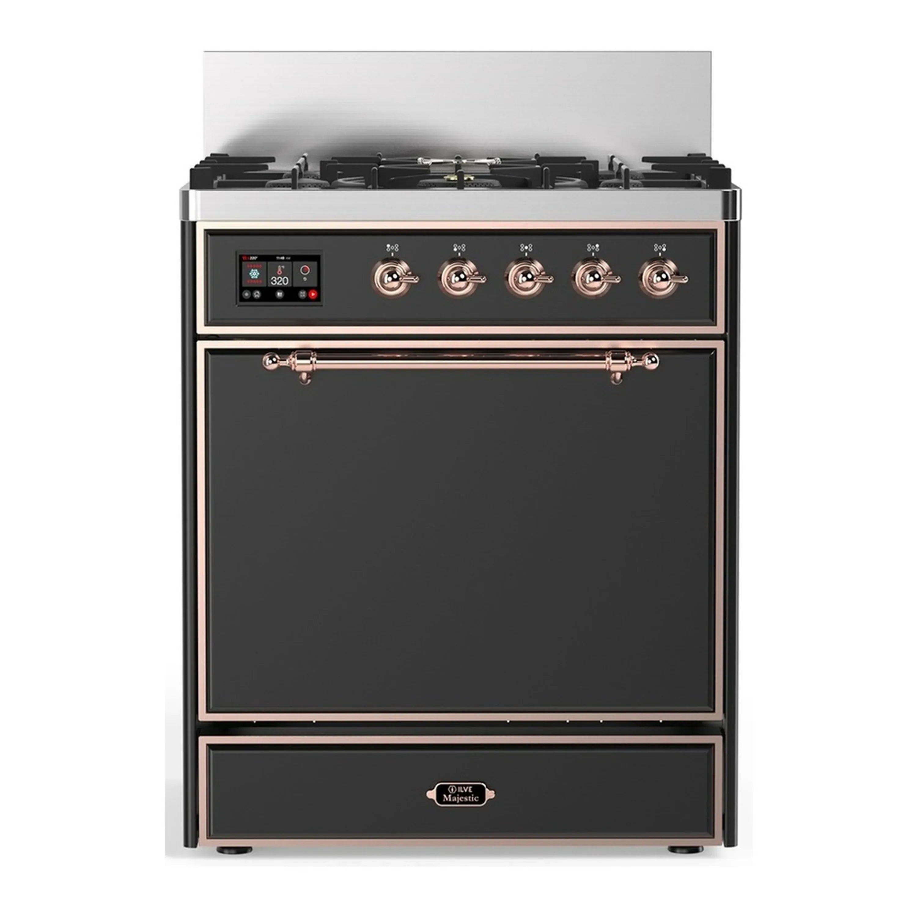 Graphite matte dual fuel range with copper-trim control panel and 5 gas burners