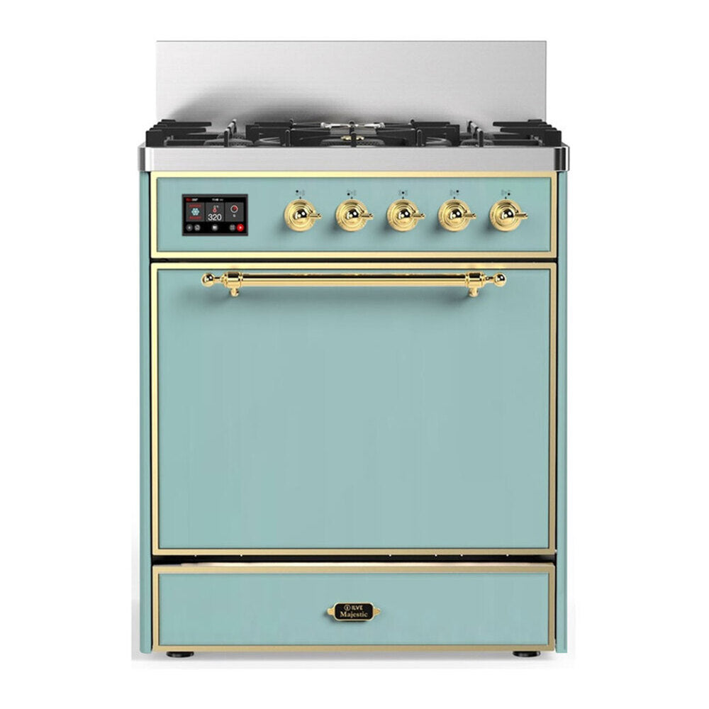 ILVE Majestic III 30-inch Dual Fuel Range with 5 Liquid Propane Burner and Solid Door Electric Oven in Mediterranean Mint with Brass Trim (UM30QNR3MMGLP)