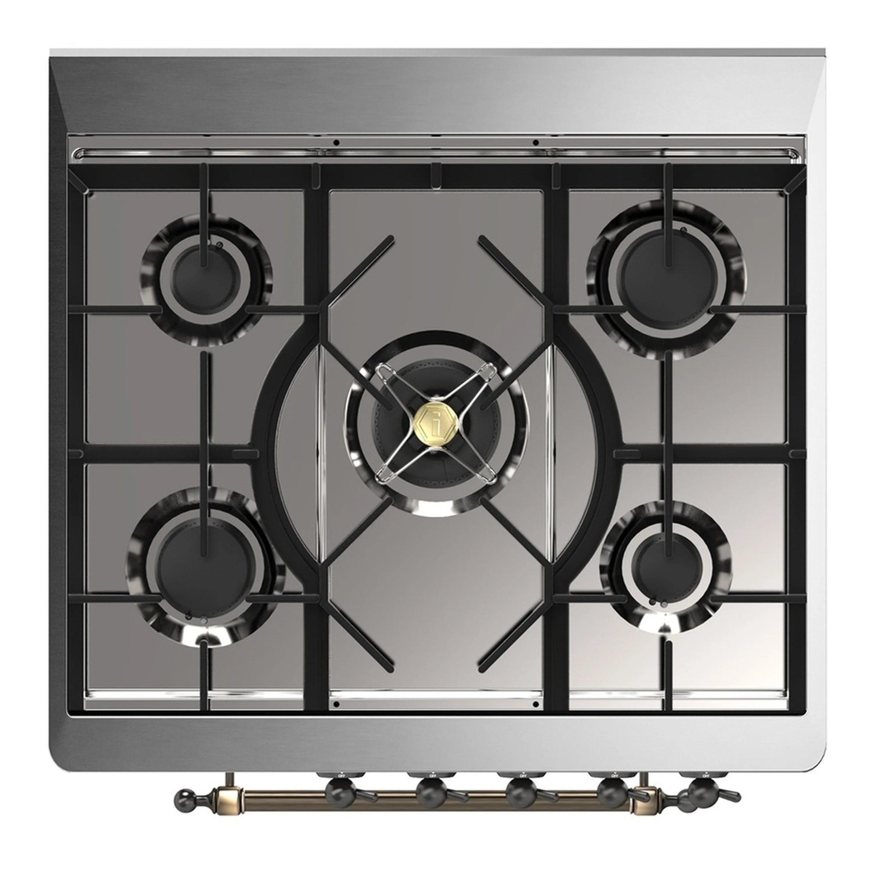 Stainless steel cooktop with five natural gas burners and brass center cap