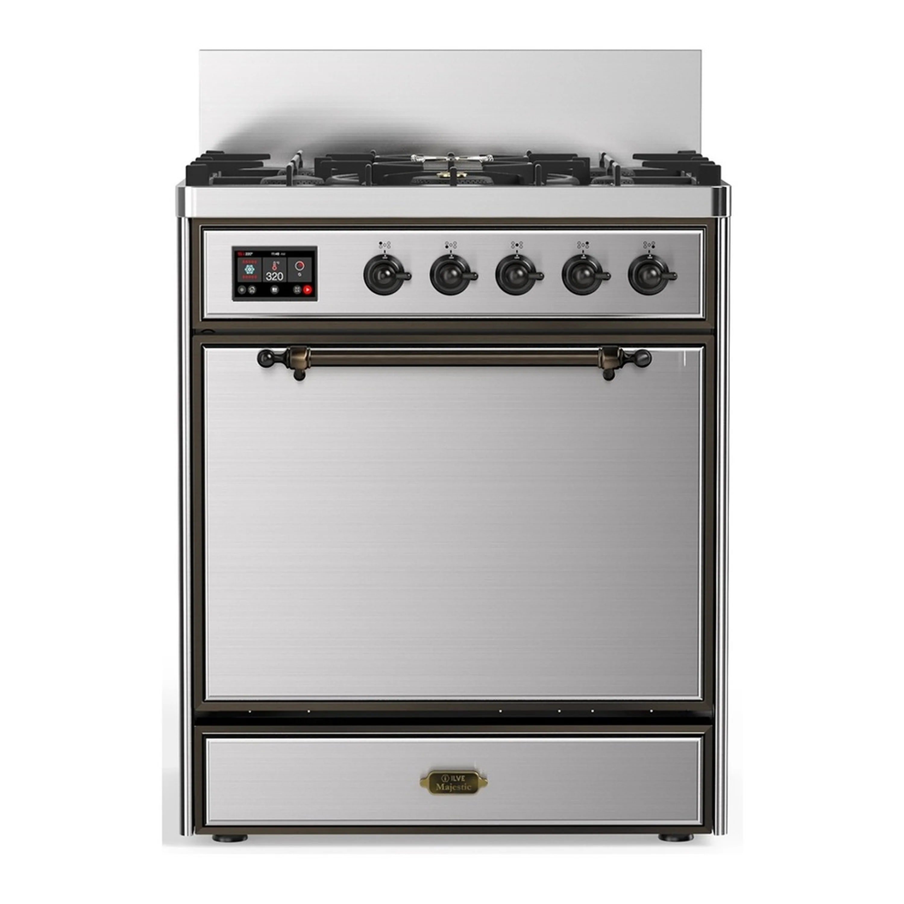 Stainless steel dual-fuel range with black cooktop grates and front control knobs