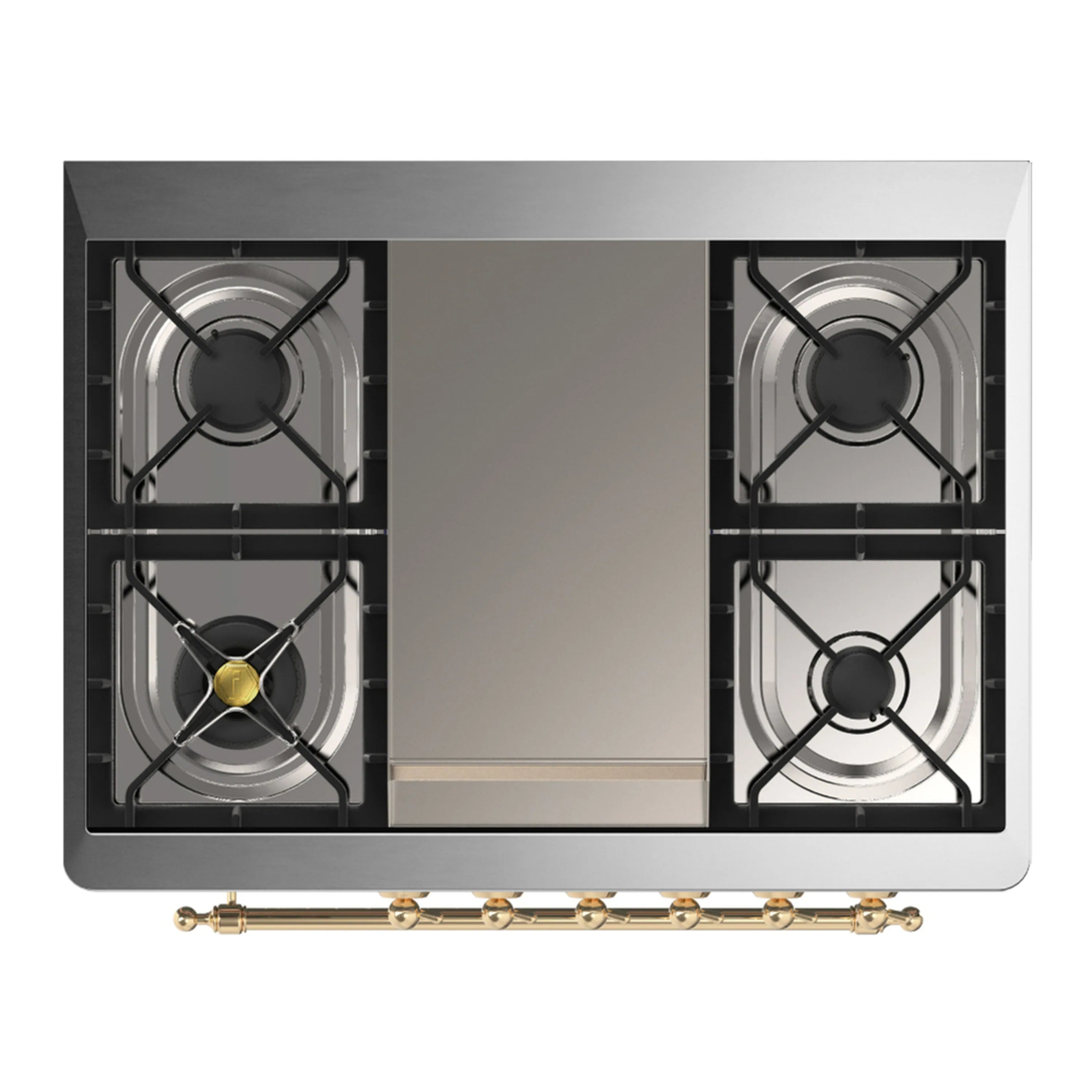 Dual fuel range cooktop with four gas burners and brass burner caps