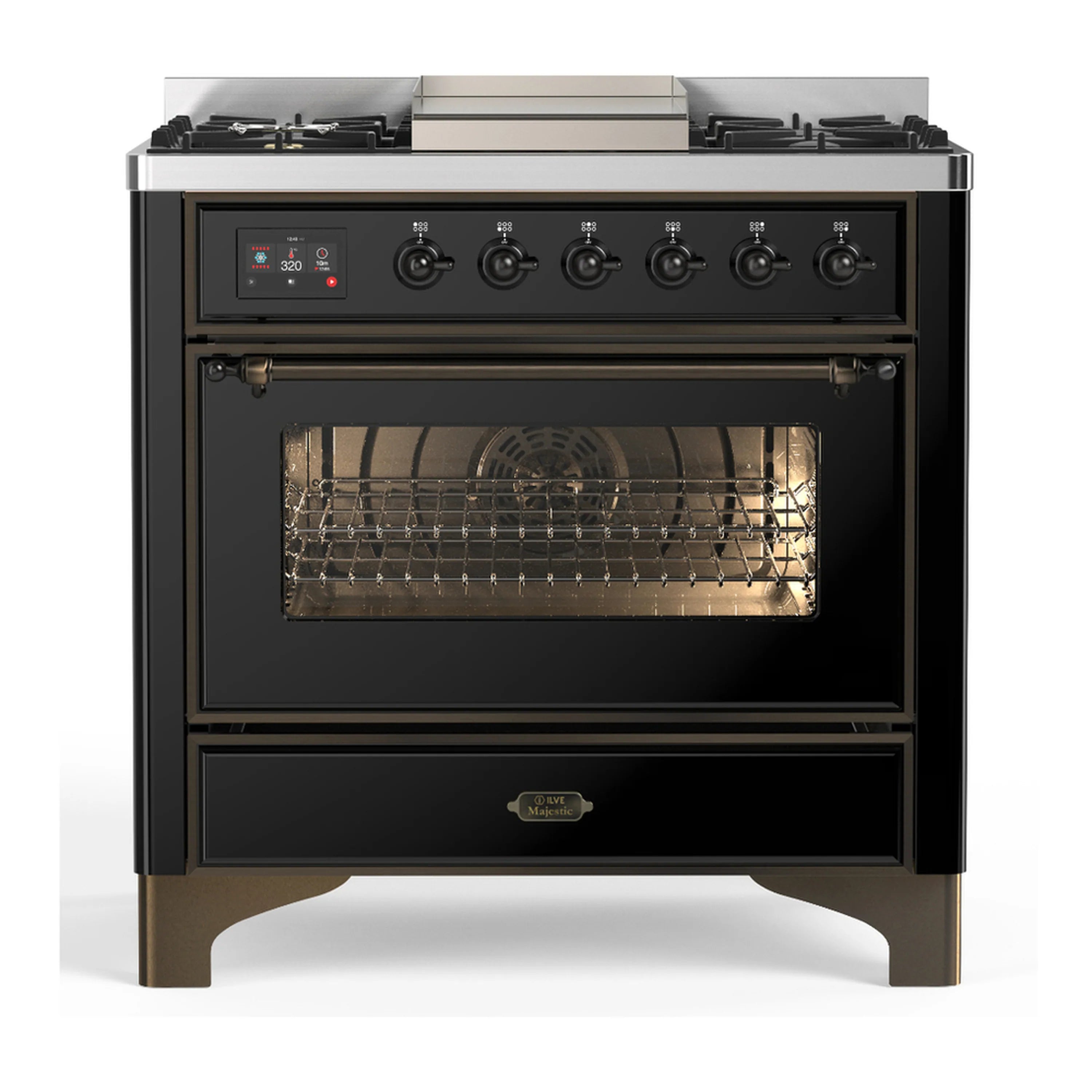 Glossy black dual fuel range with 6 gas burners and open triple-glass oven door