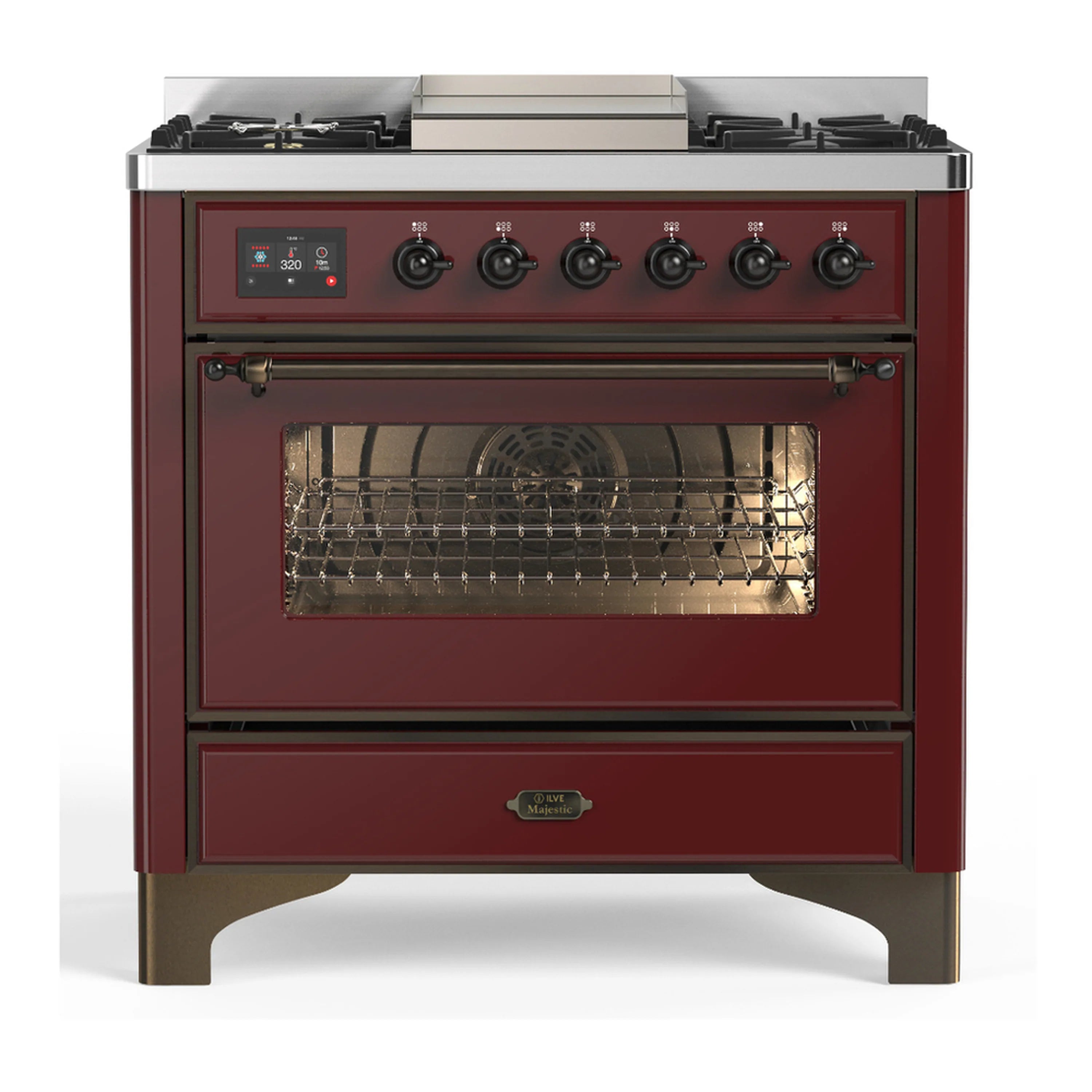 Burgundy dual fuel range with open oven door showing baking rack, front view