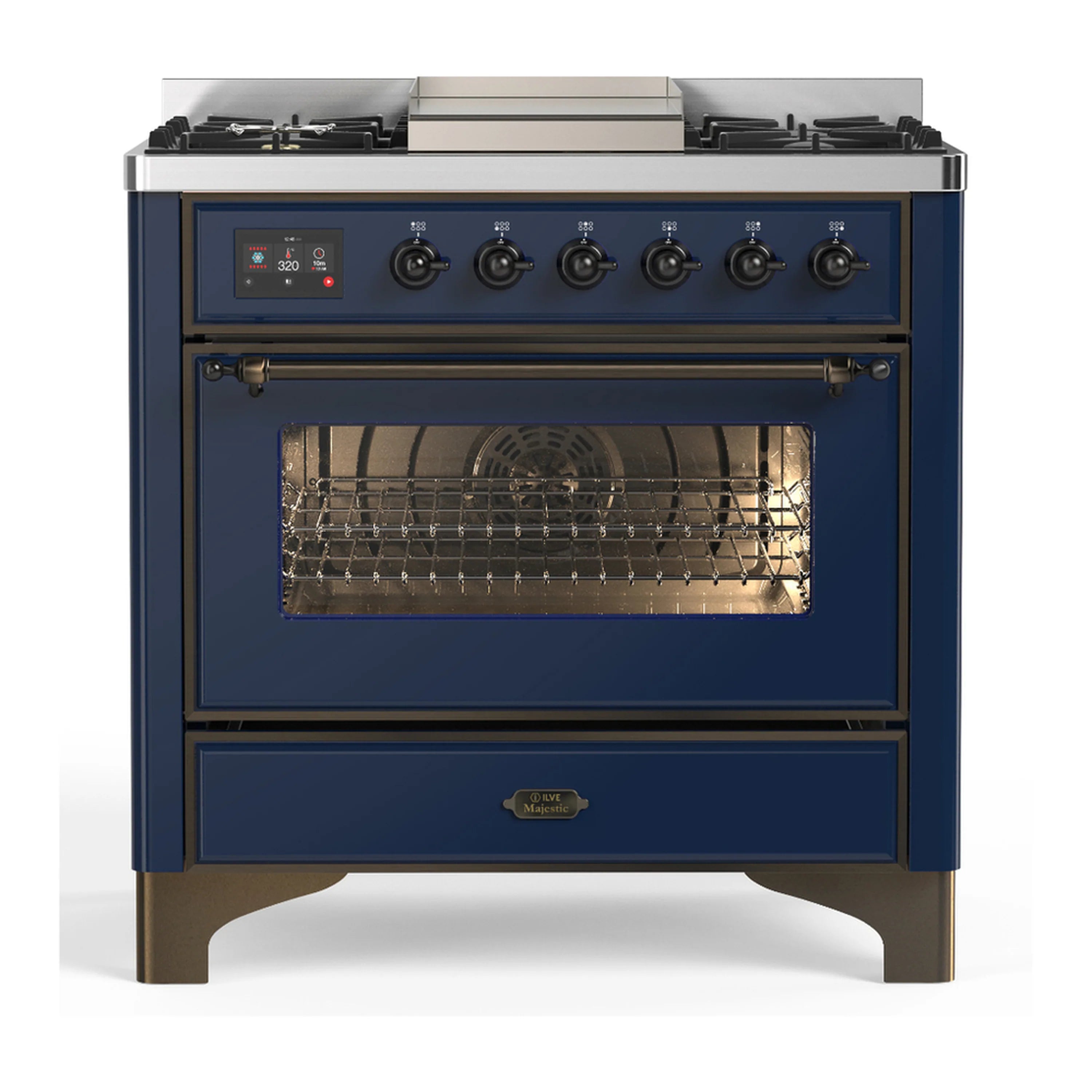 Midnight blue dual fuel range with oven door and control panel on front face