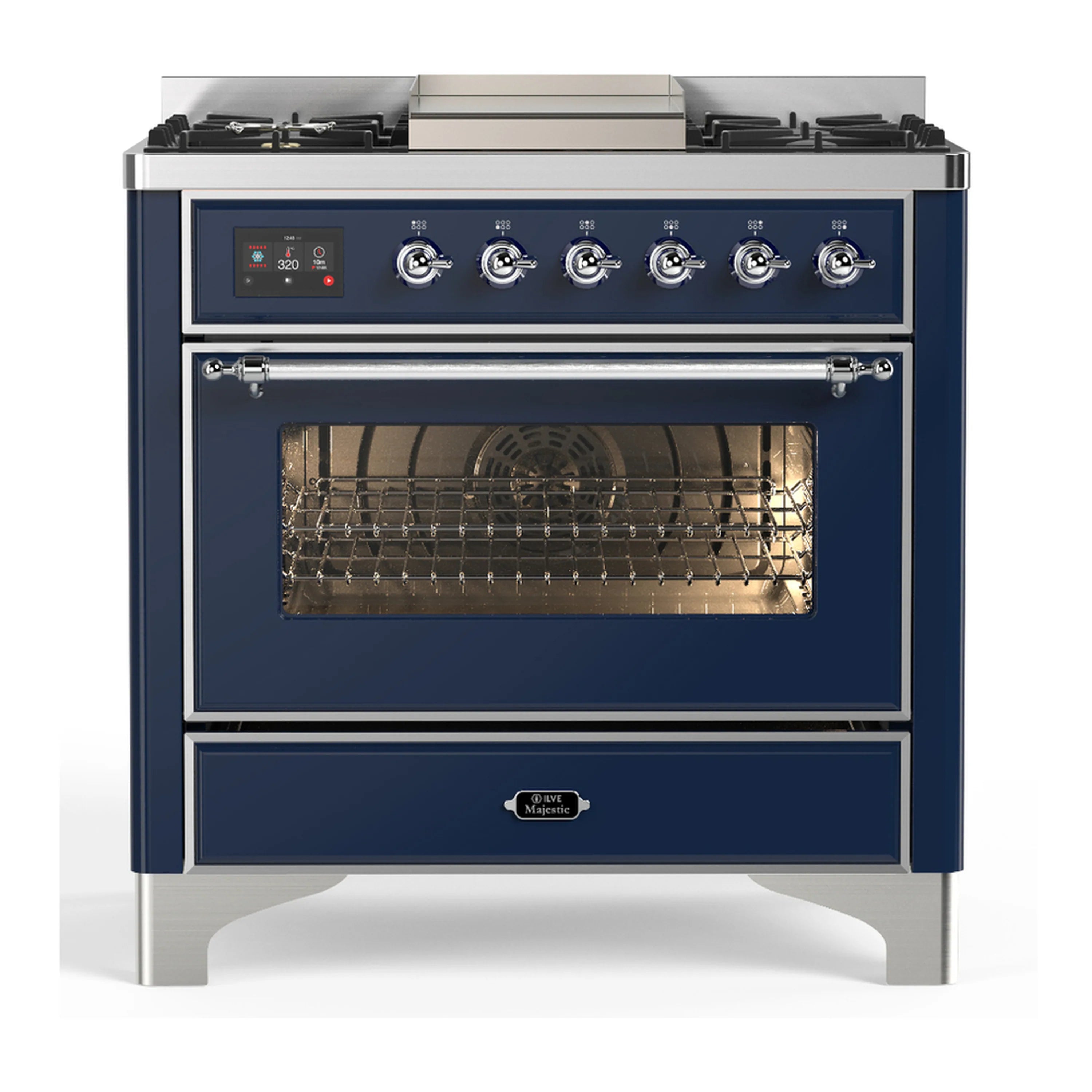 Midnight blue dual fuel range front with six burner knobs and closed oven door