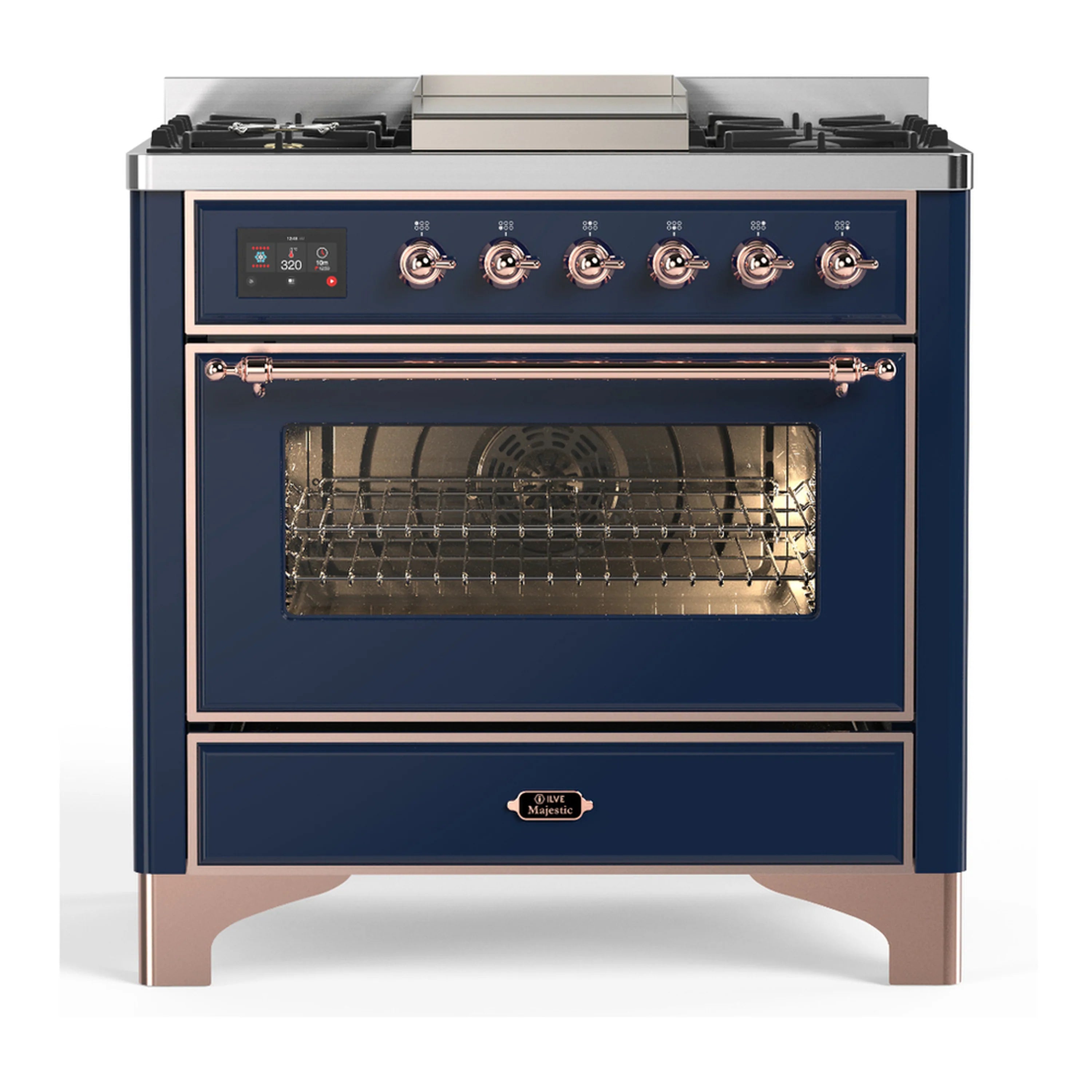 Midnight blue dual fuel range front with control panel and oven door closed
