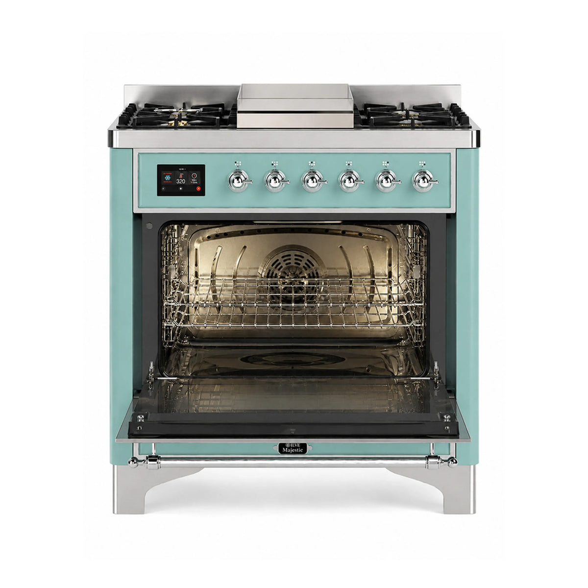 Mint dual fuel range with open oven door, interior racks and black burner grates