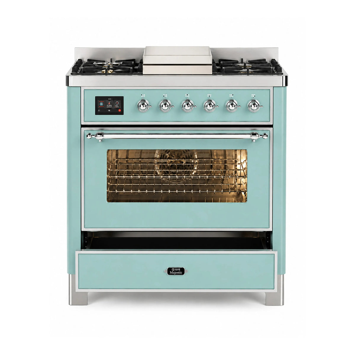 Mint dual fuel range with glass oven window, chrome knobs, and top burner grates