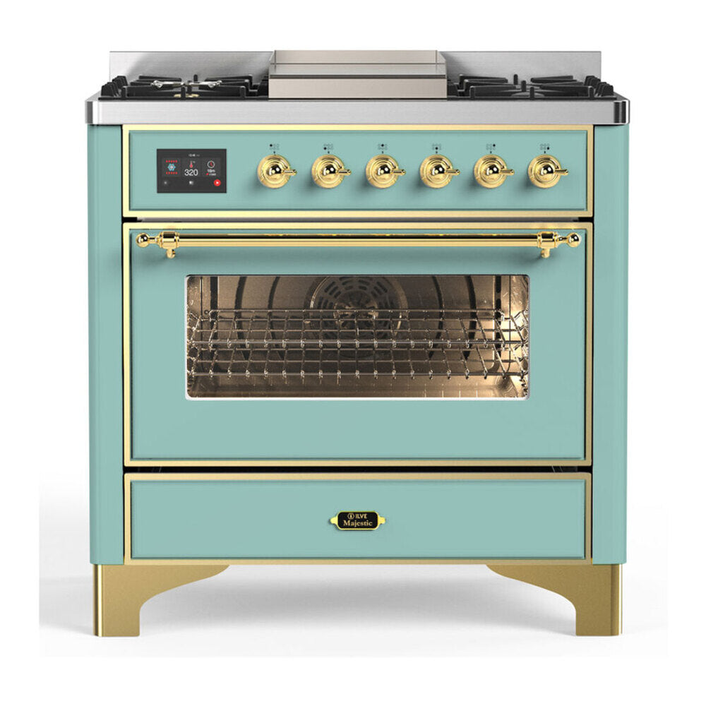 ILVE Majestic III 36-inch Dual Fuel Range with 6 Natural Gas Burner, Griddle and Triple Glass Door Electric Oven in Mediterranean Mint with Brass Trim (UM36FNR3MMG)
