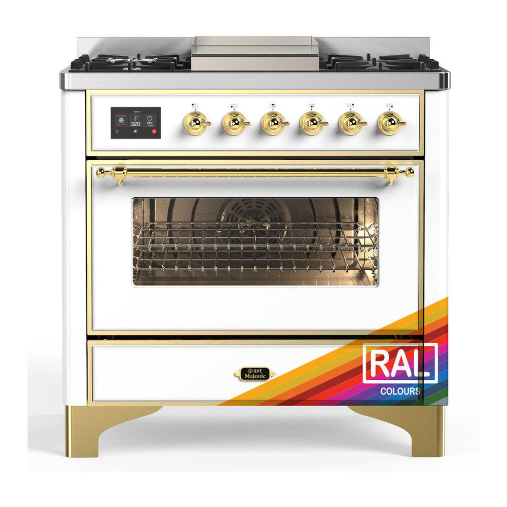 Dual fuel range with brass trim, six gas burners, griddle, and large oven door window