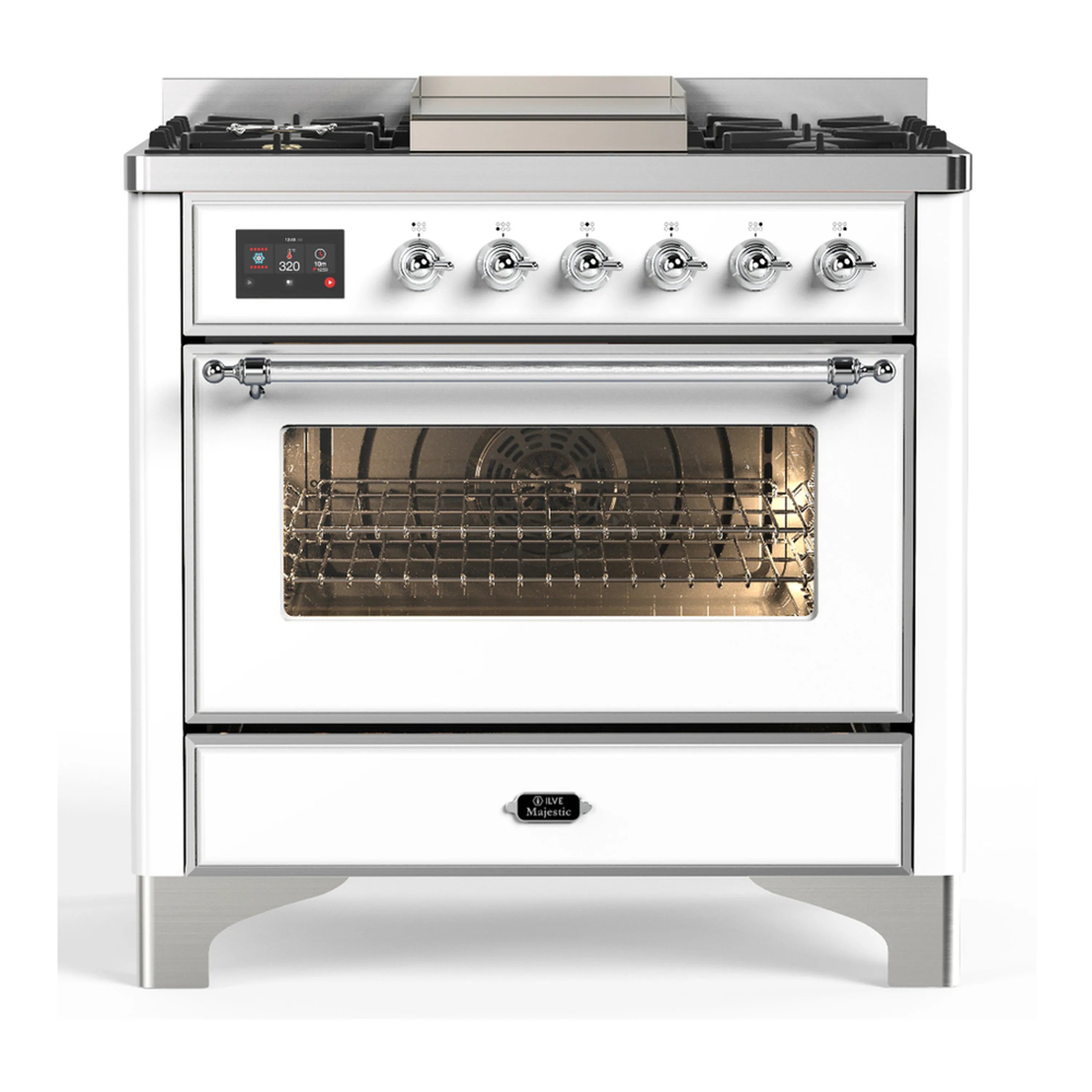 White dual fuel range with chrome trim, open electric oven door and front controls