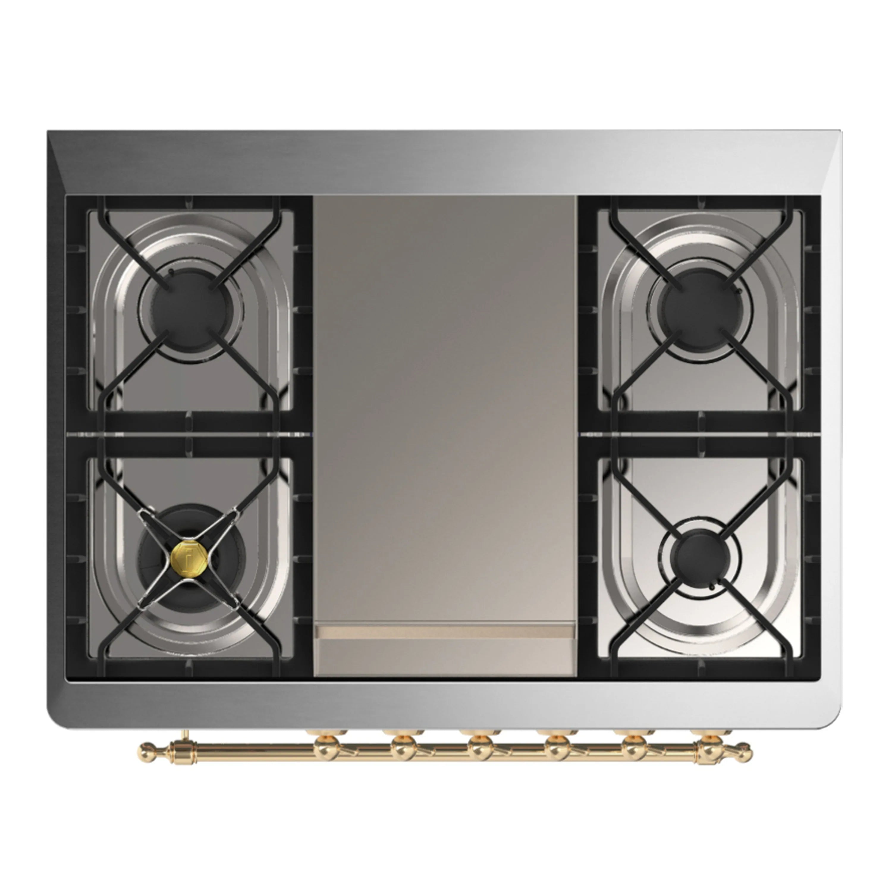 Top view of gas burners on white dual fuel range with brass control bar and knobs