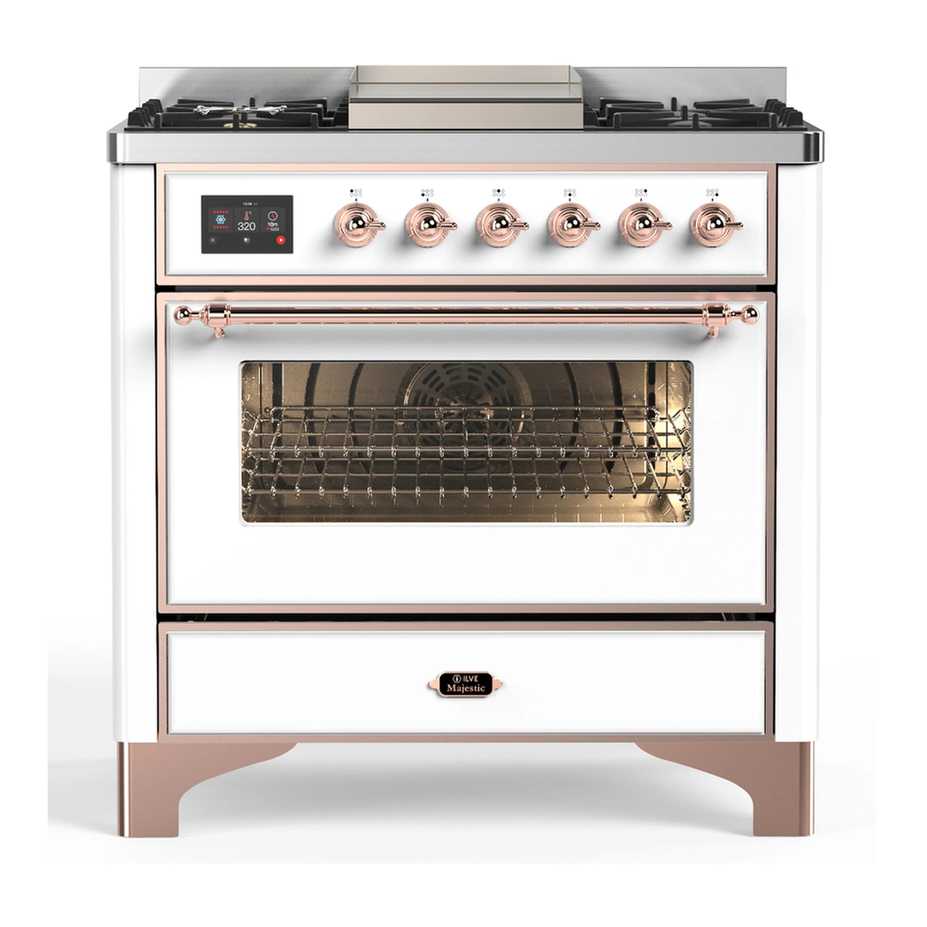 White ILVE dual fuel range with copper trim, open oven door, and gas burner controls