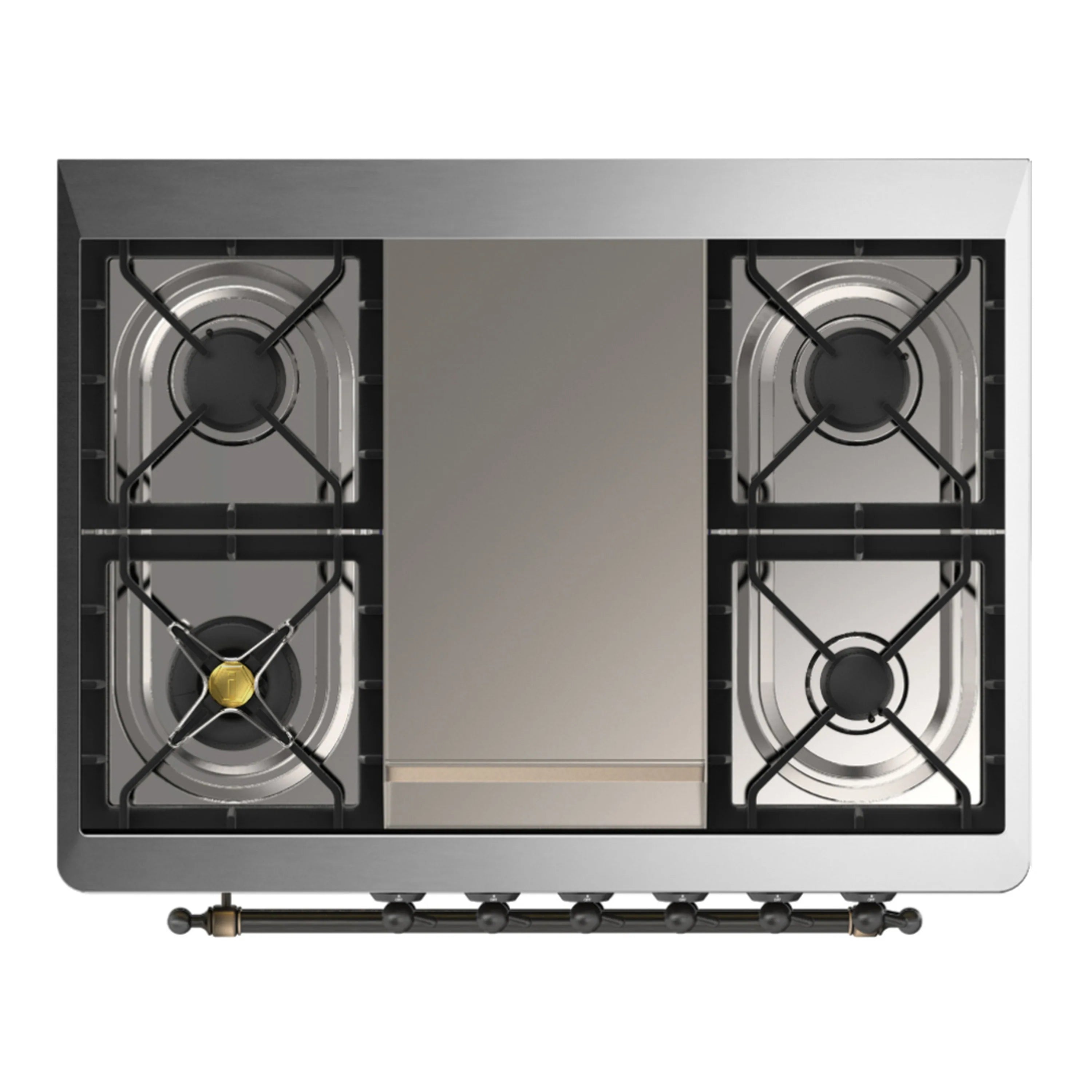 Dual fuel range cooktop with griddle center and gas burners, top view