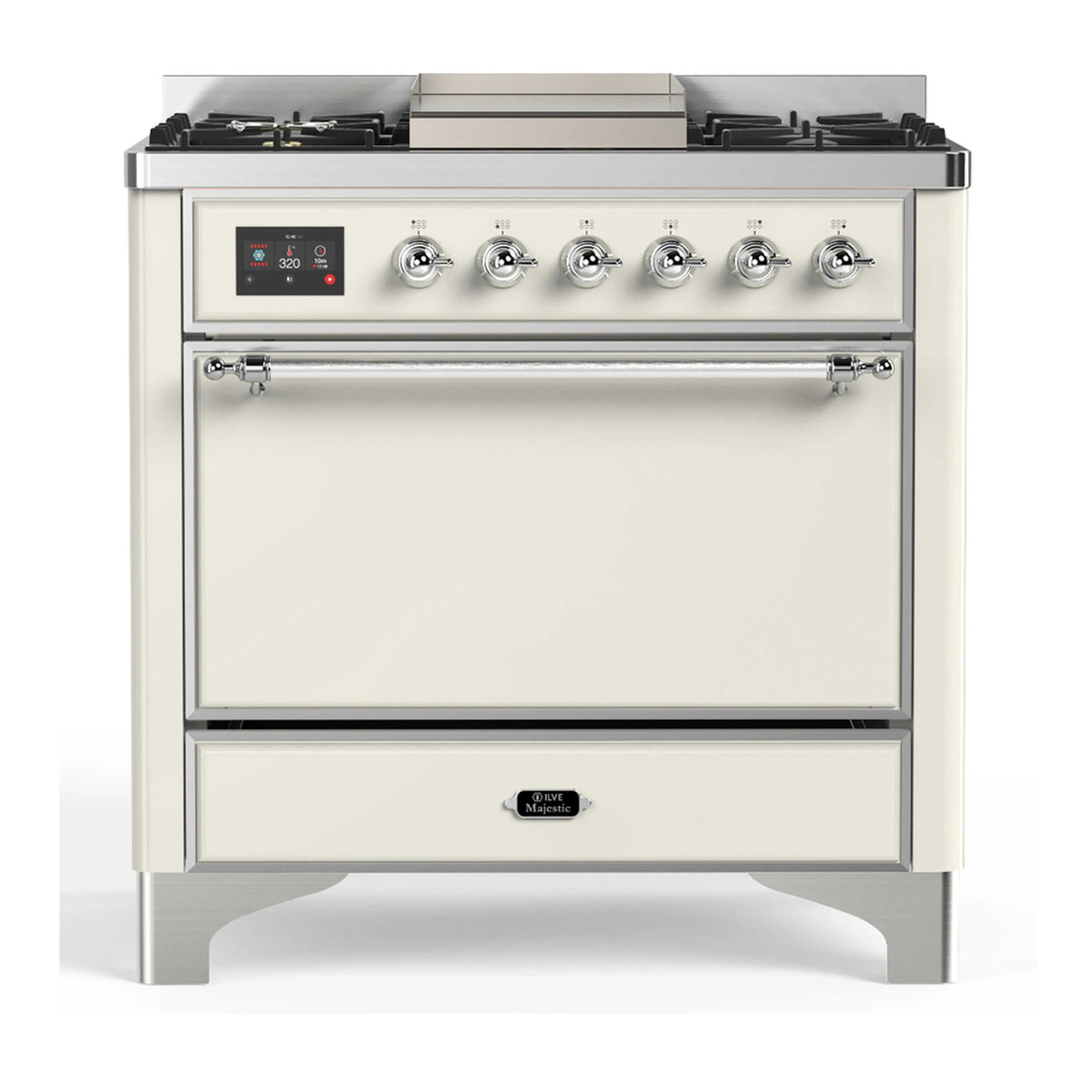 Antique white dual fuel range with 6 natural gas burners, griddle, and oven door
