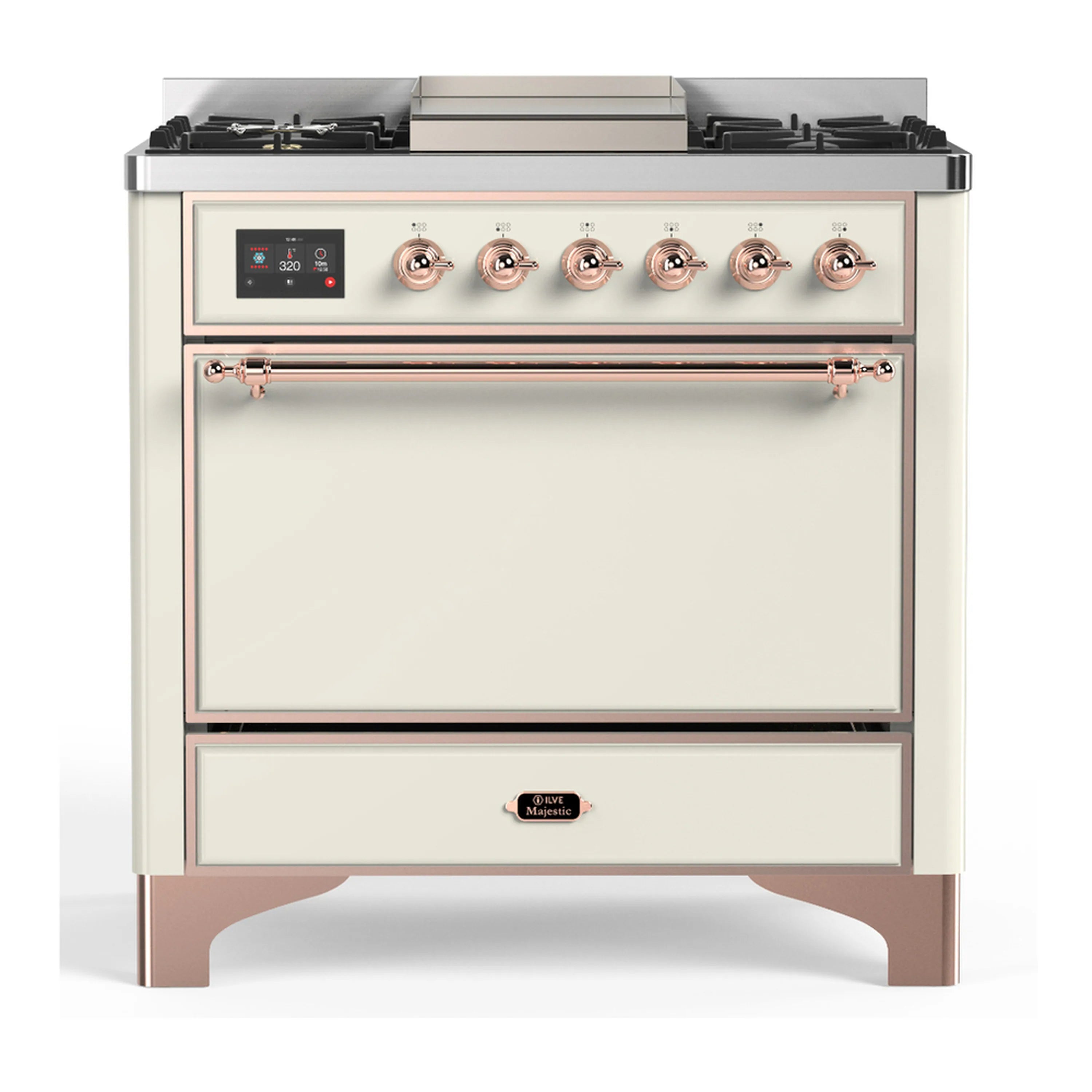 Antique white dual fuel range with copper trim, control panel, and 5 gas burners