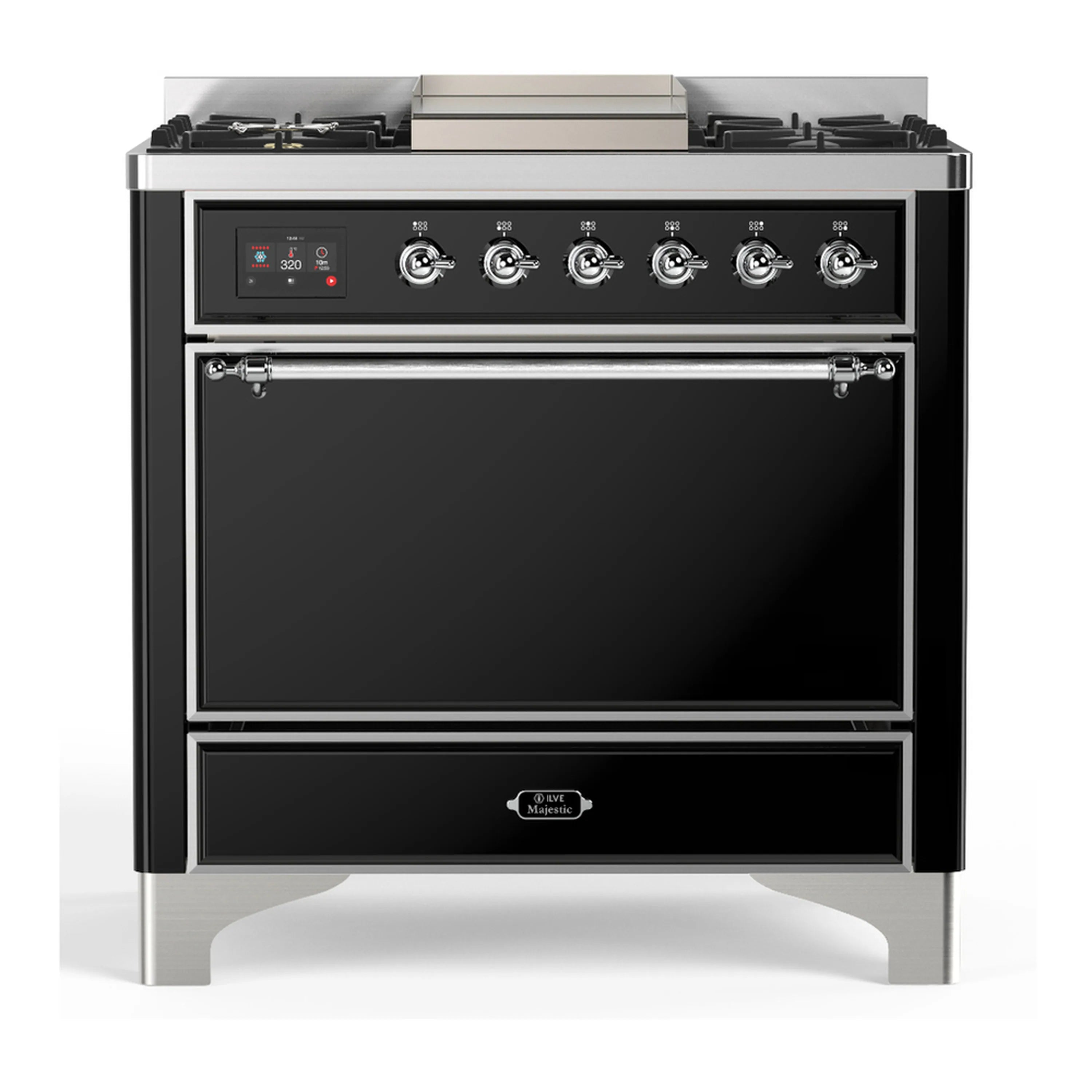 Glossy black dual-fuel range with closed oven window and open lower drawer
