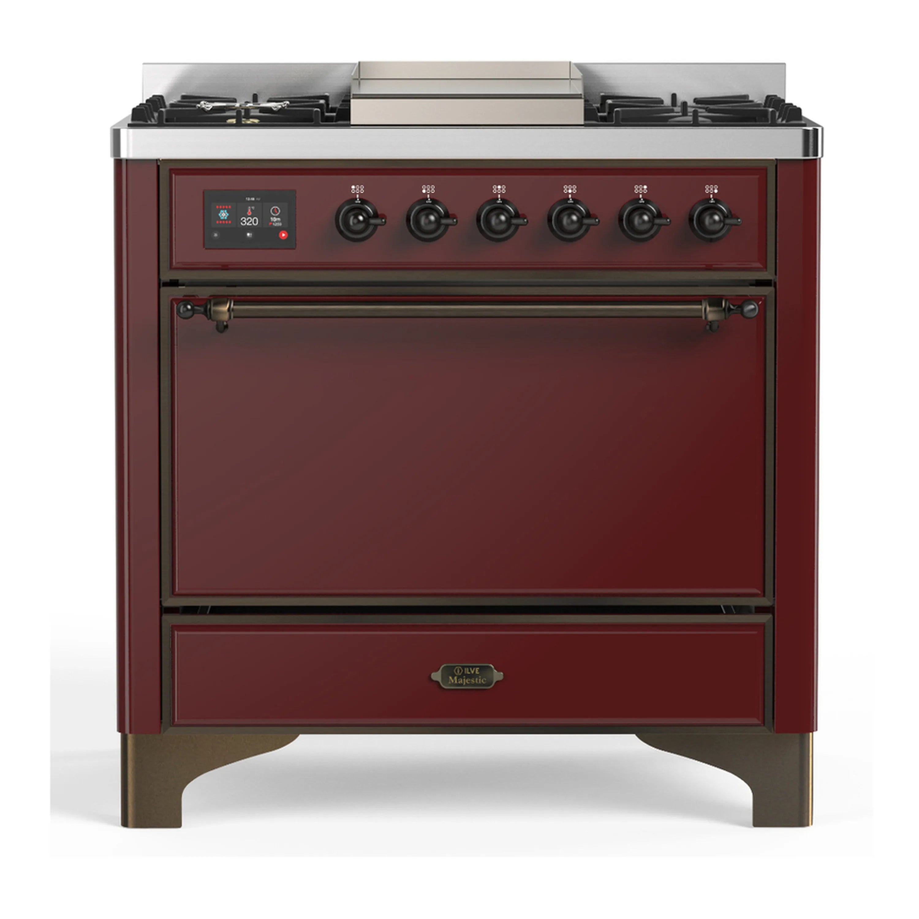 Burgundy dual fuel range with 5-burner cooktop and solid door electric oven