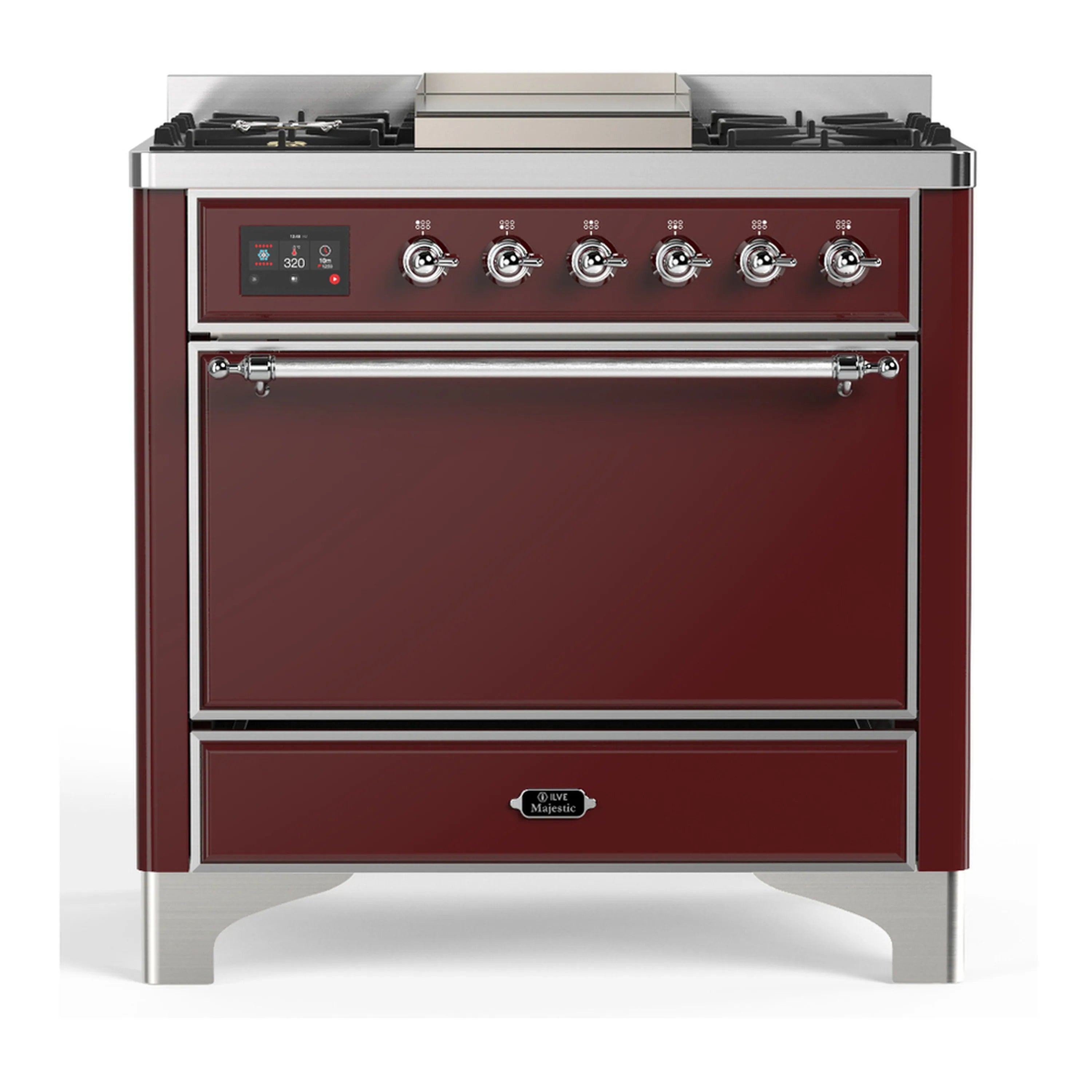 Burgundy dual fuel range with 6 gas burners, griddle, and chrome-trim control panel