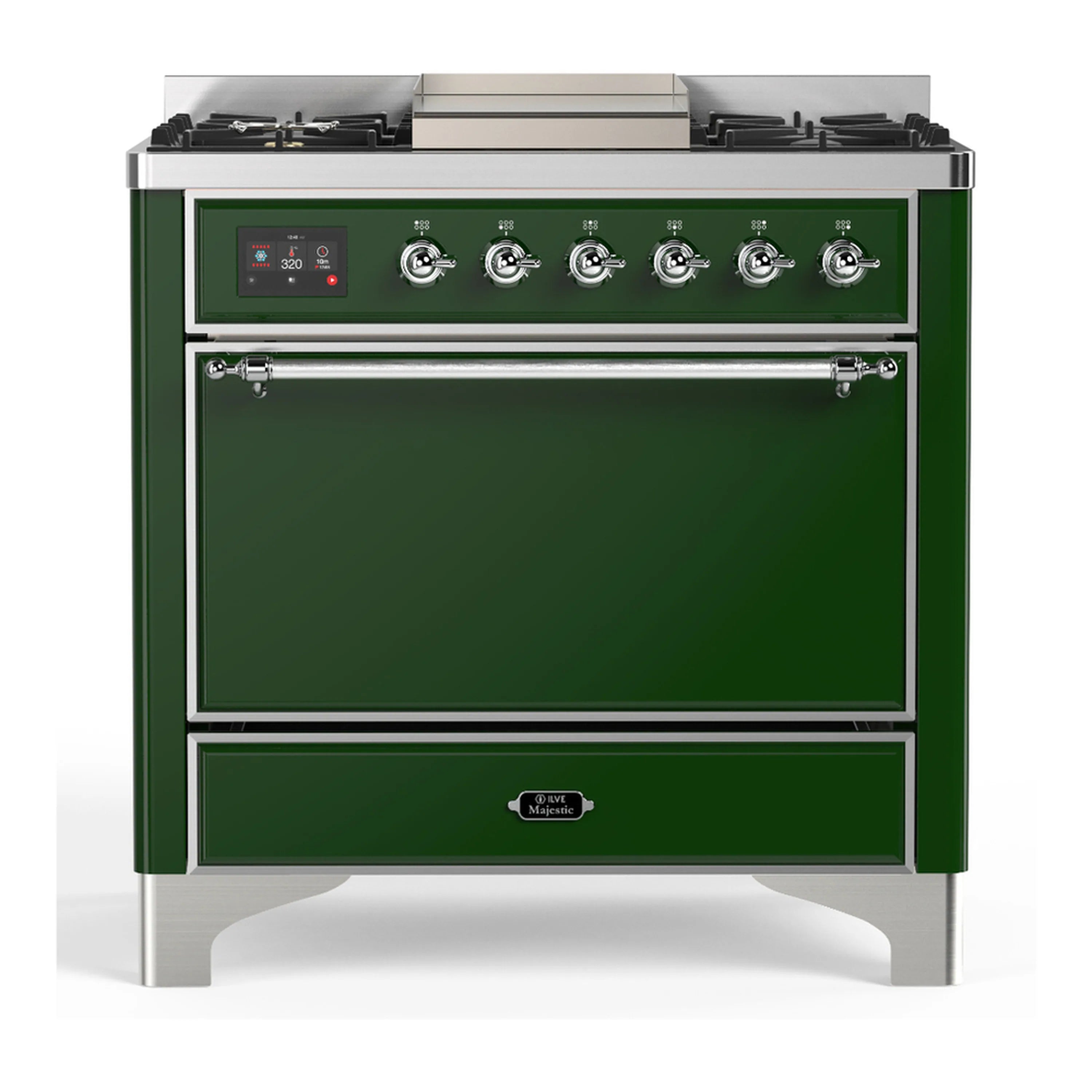 Emerald green dual fuel range with chrome trim, cooktop knobs, and solid oven door