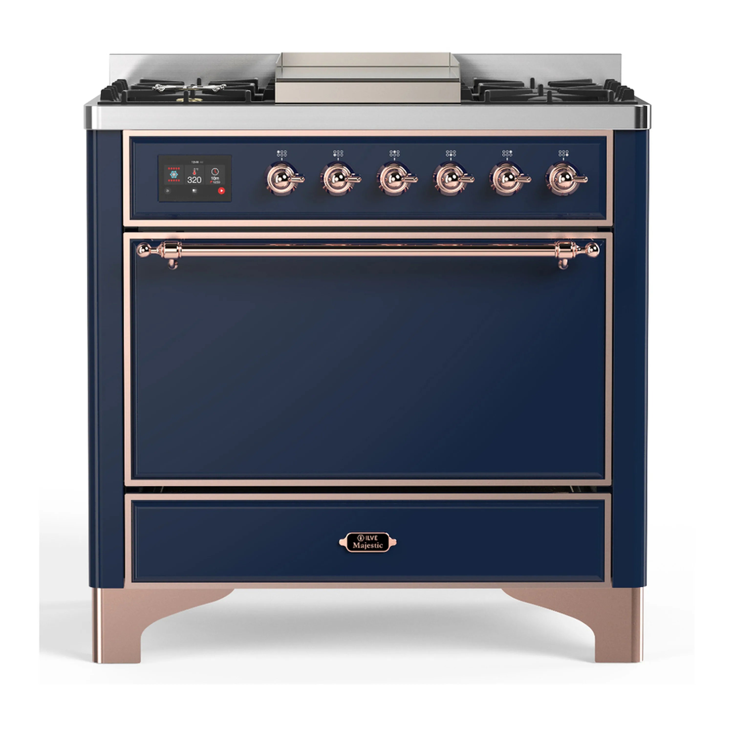 Midnight blue dual fuel range with copper trim, 5-burner cooktop and electric oven doors
