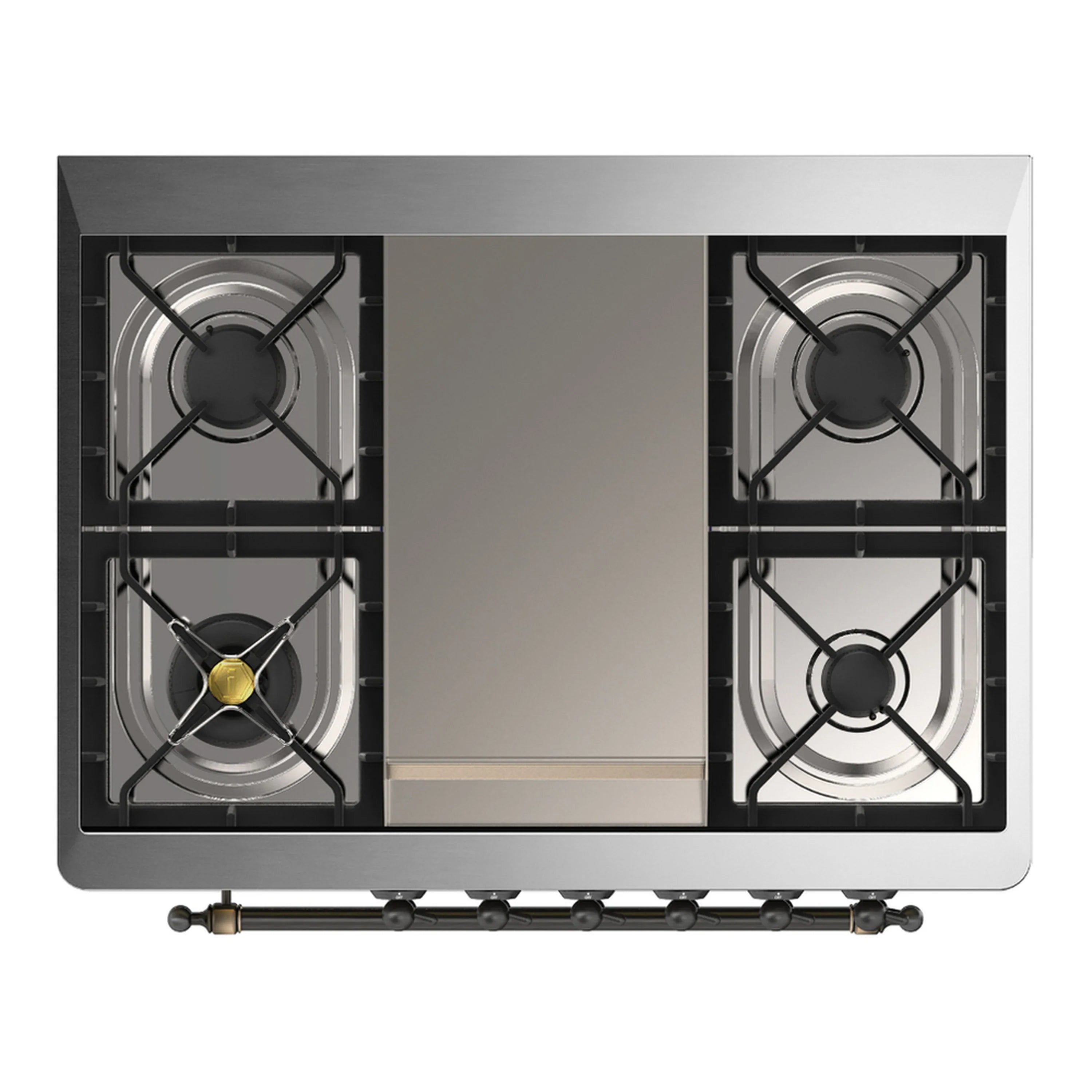 Open cooktop of dual fuel range with burners and center griddle surface