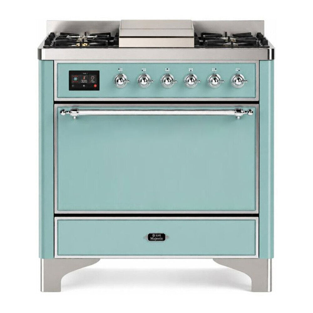ILVE Majestic III 36-inch Dual Fuel Range with 5 Liquid Propane Burner, Griddle and Solid Door Electric Oven in Mediterranean Mint with Burnished Trim (UM36FQNR3MMBLP)