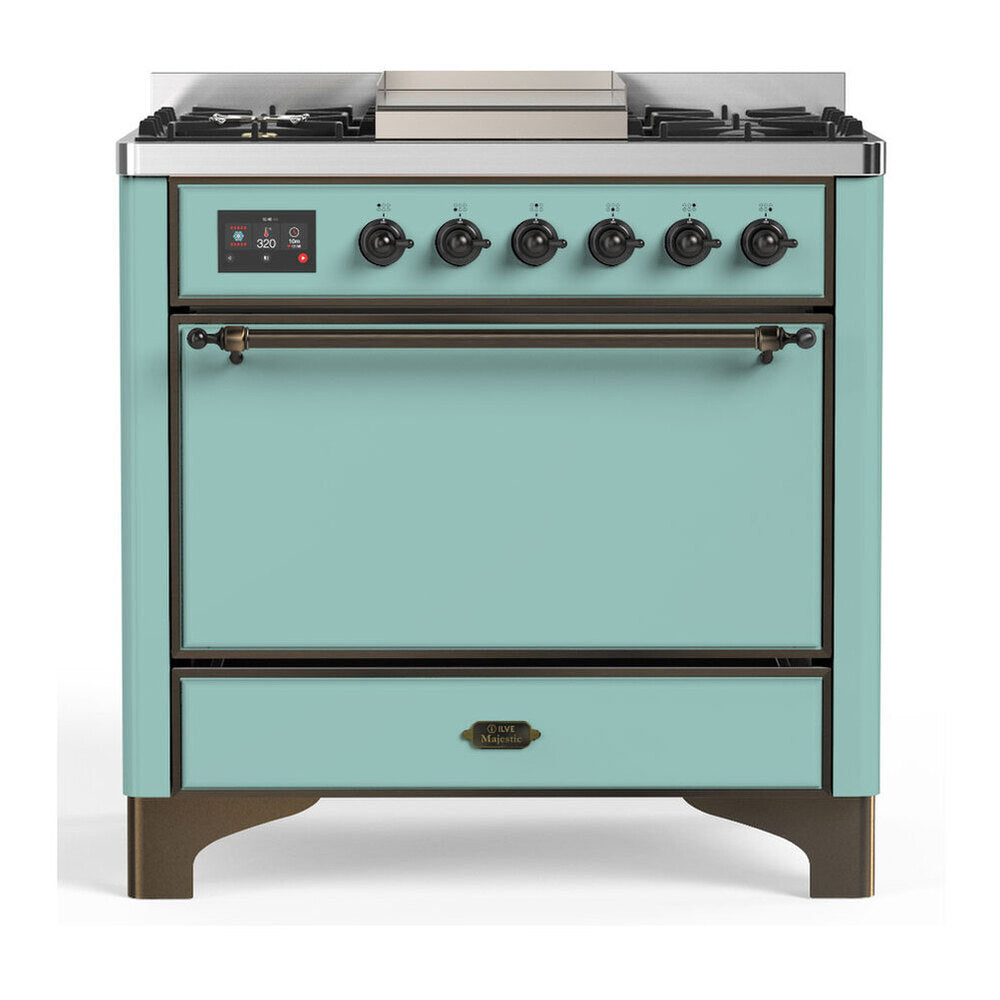 ILVE Majestic III 36-inch Dual Fuel Range with 6 Natural Gas Burner, Griddle and Solid Door Electric Oven in Mediterranean Mint with Burnished Trim (UM36FQNR3MMB)