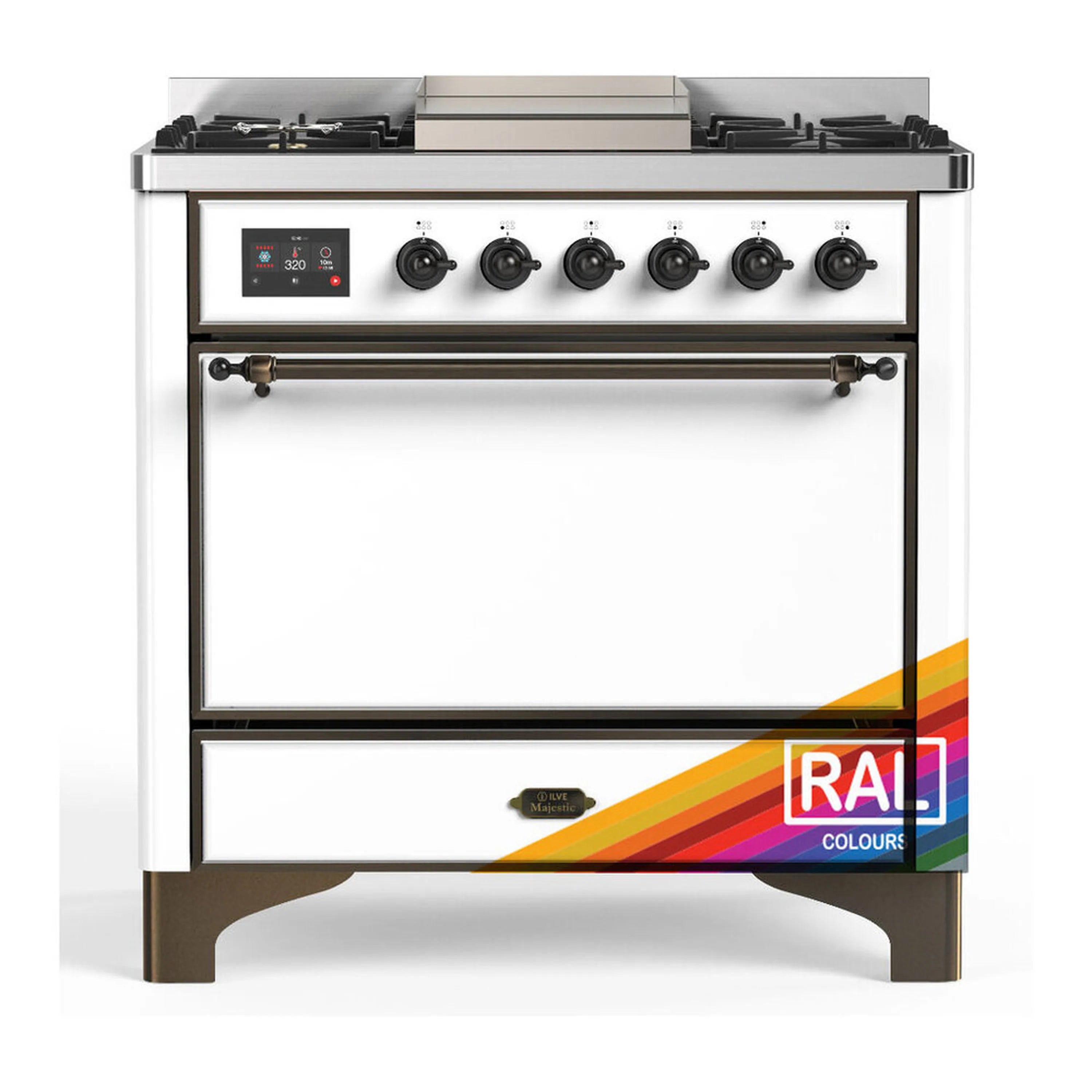 Dual fuel range, white front with brass trim and six gas burners, solid door electric oven