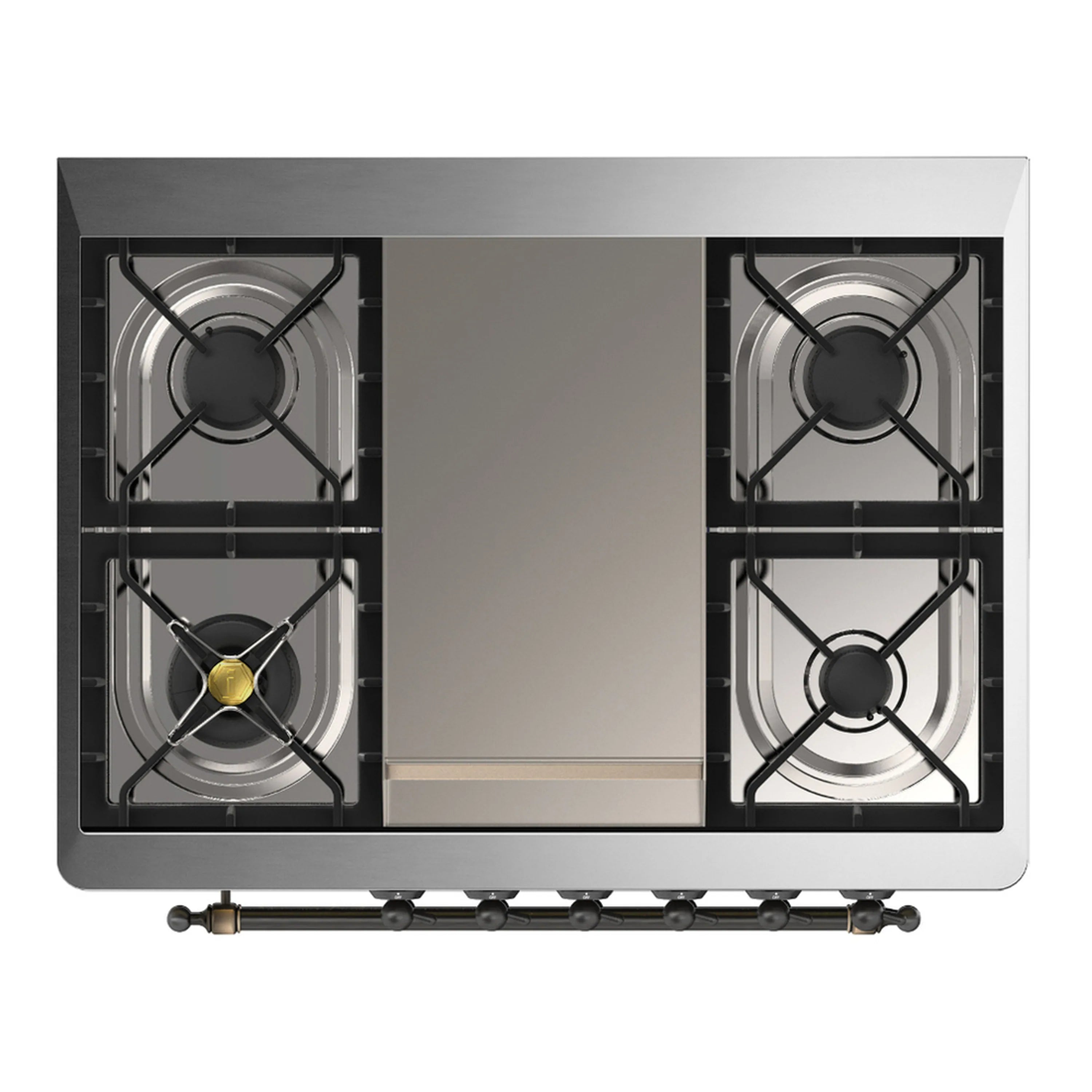 Cooktop top view with four gas burners and central griddle surface